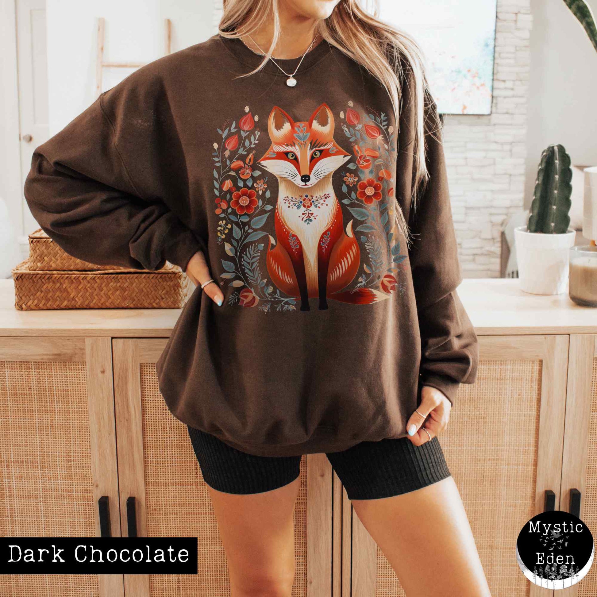 Sweatshirt S / Dark Chocolate Whimsical Scandinavian Folk Art Fox Sweatshirt The Mystic Eden