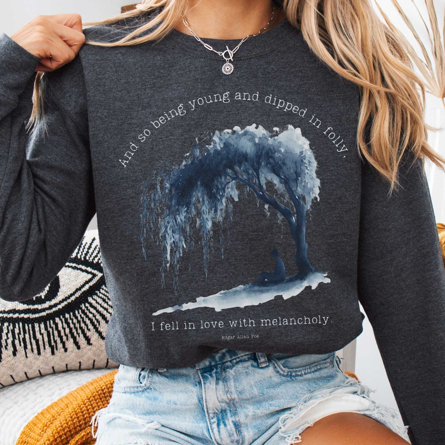 Sweatshirt S / Dark Heather And So Being Young Edgar Allan Poe Sweatshirt The Mystic Eden
