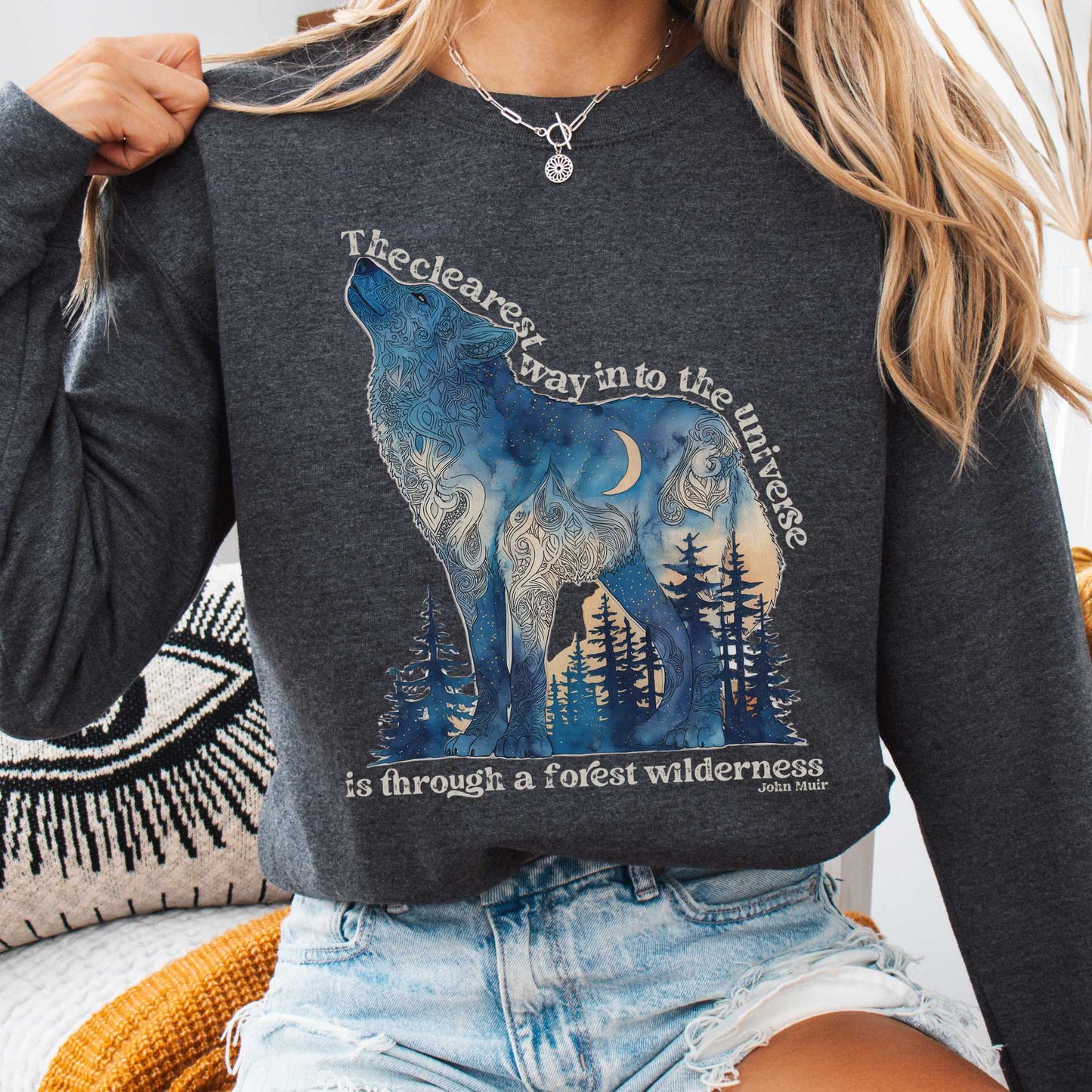 Sweatshirt S / Dark Heather Forest Wilderness Wolf Sweatshirt – Nature Quote Tee The Mystic Eden