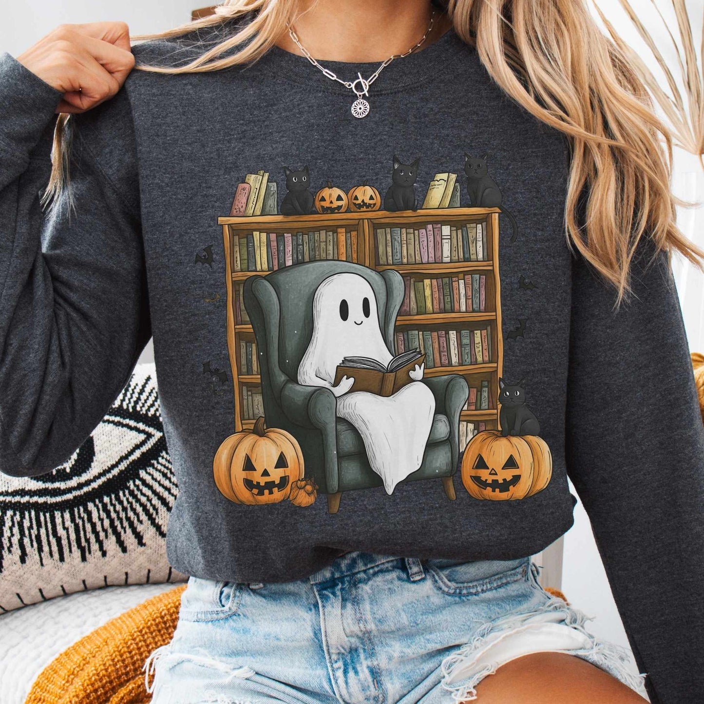Sweatshirt S / Dark Heather Happy Reading Ghosts with Black Cats Sweatshirt The Mystic Eden