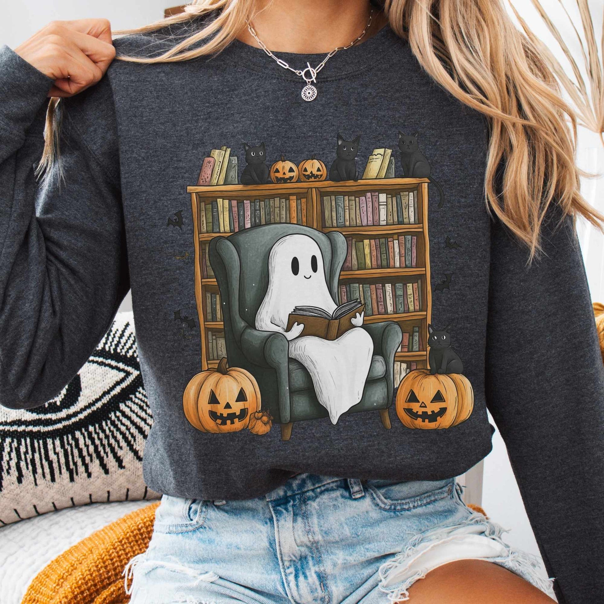 Sweatshirt S / Dark Heather Happy Reading Ghosts with Black Cats Sweatshirt The Mystic Eden