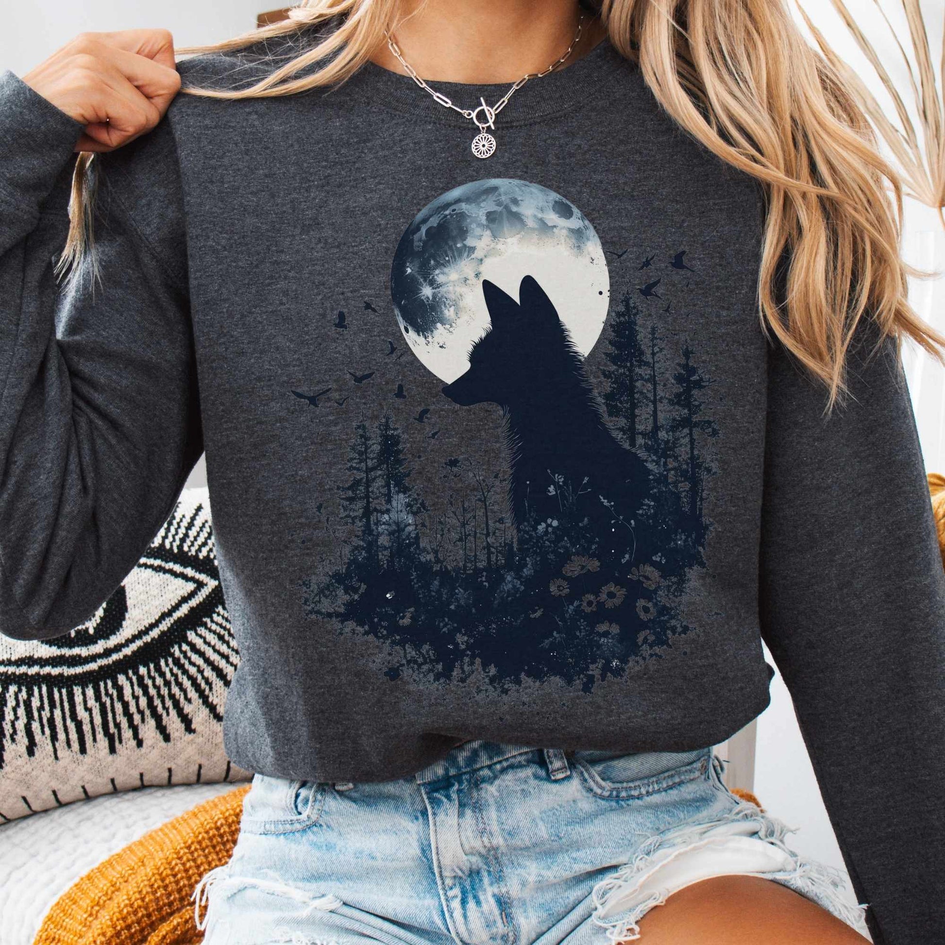 Sweatshirt S / Dark Heather Mystical Fox Silhouette Sweatshirt The Mystic Eden
