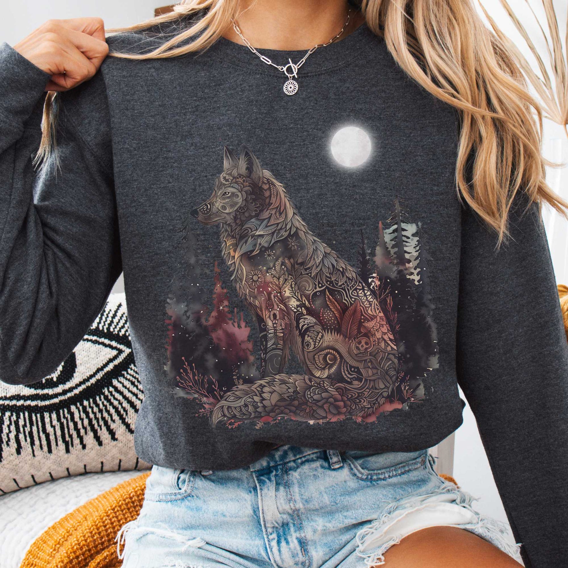Sweatshirt S / Dark Heather Nightfall Wolf Sweatshirt β Mystical Forestcore Tee The Mystic Eden