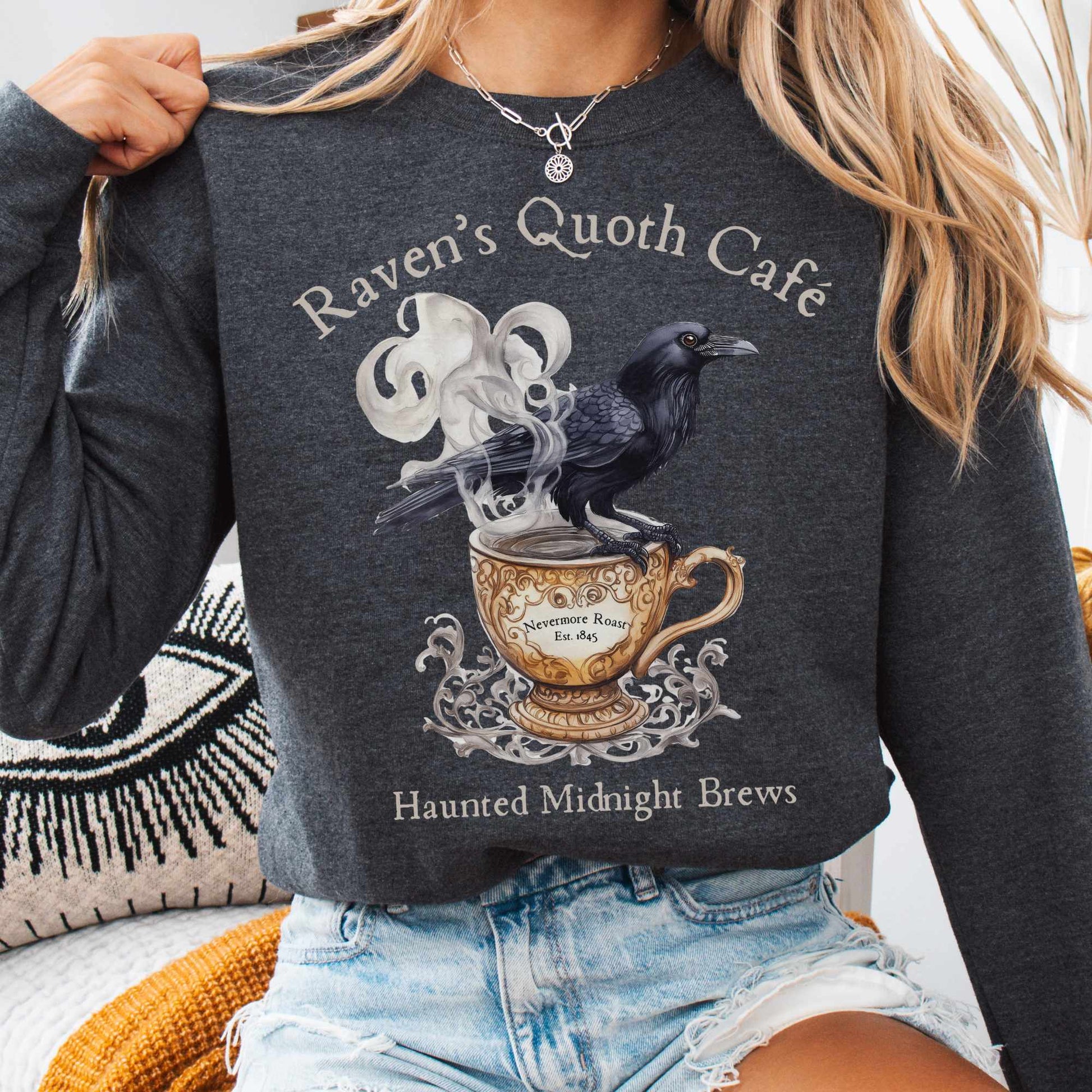 Sweatshirt S / Dark Heather Raven's Quoth Cafe Edgar Allan Poe Sweatshirt The Mystic Eden