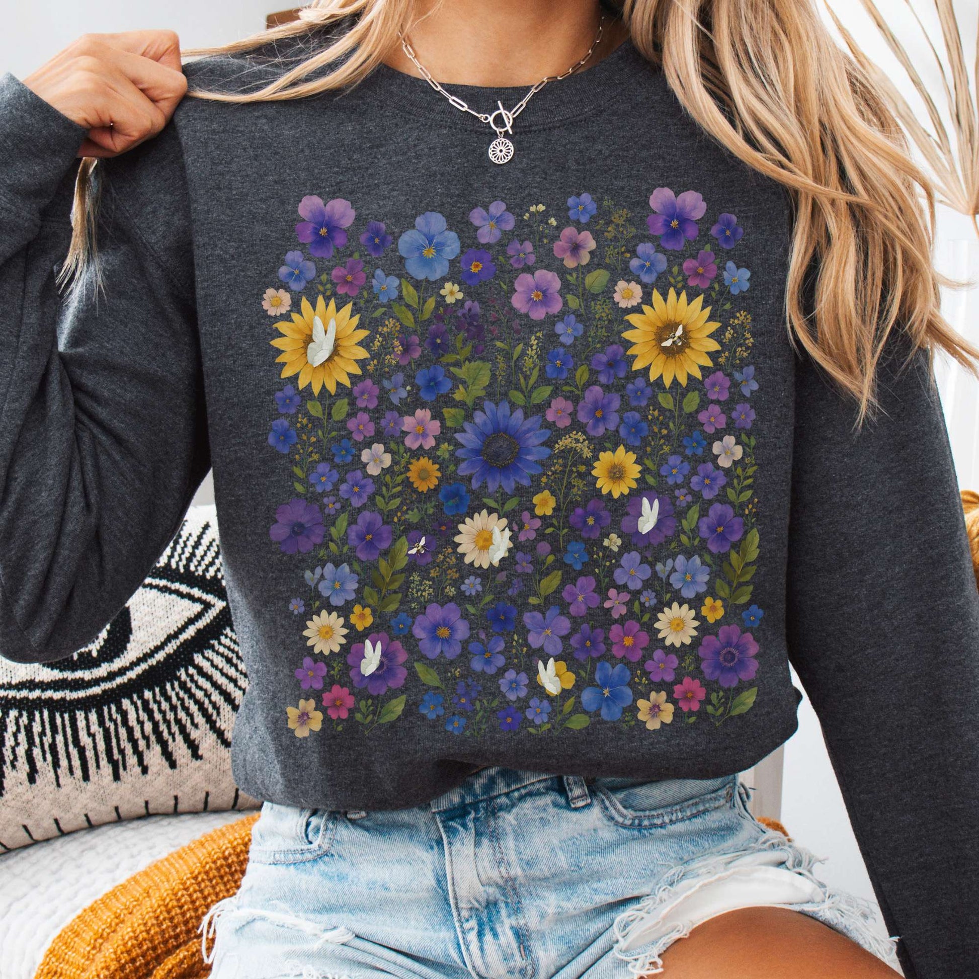 Sweatshirt S / Dark Heather Sunflower Garden Sweatshirt β Vibrant Bloom Tee The Mystic Eden