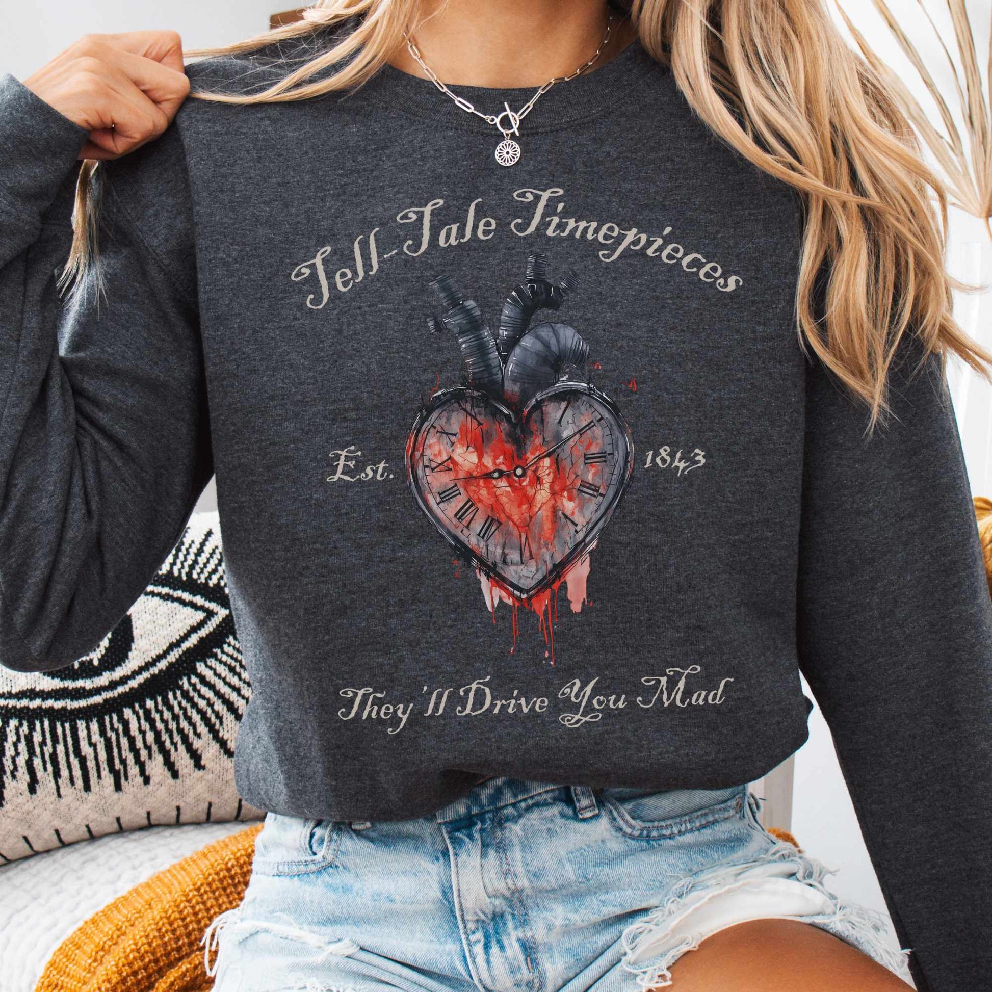 Sweatshirt S / Dark Heather Tell-Tale Timepieces Edgar Allan Poe Sweatshirt The Mystic Eden
