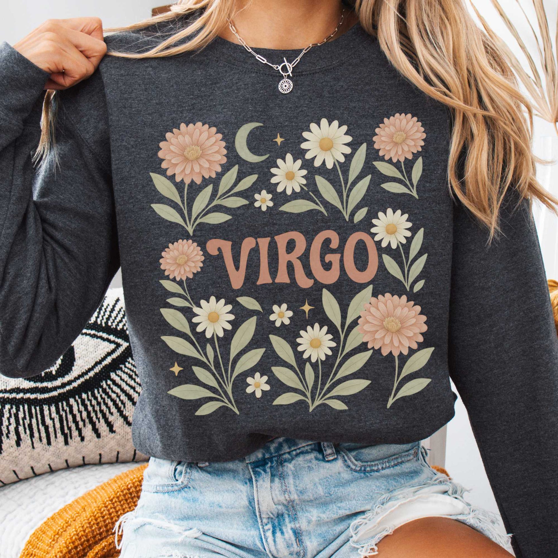 Sweatshirt S / Dark Heather Virgo Sweatshirt – Boho Floral Zodiac Pullover The Mystic Eden