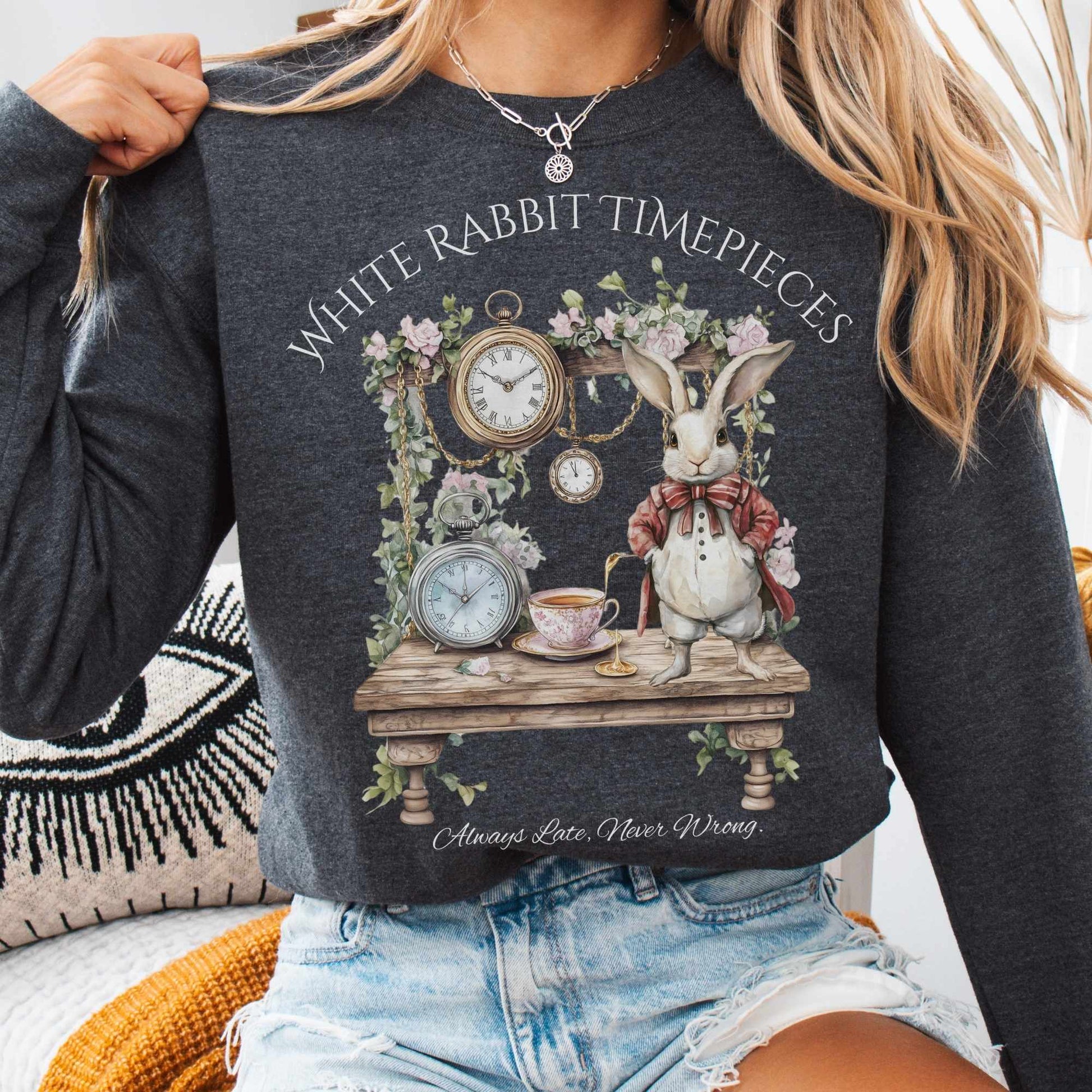 Sweatshirt S / Dark Heather White Rabbit Timepieces Sweatshirt Alice in Wonderland The Mystic Eden