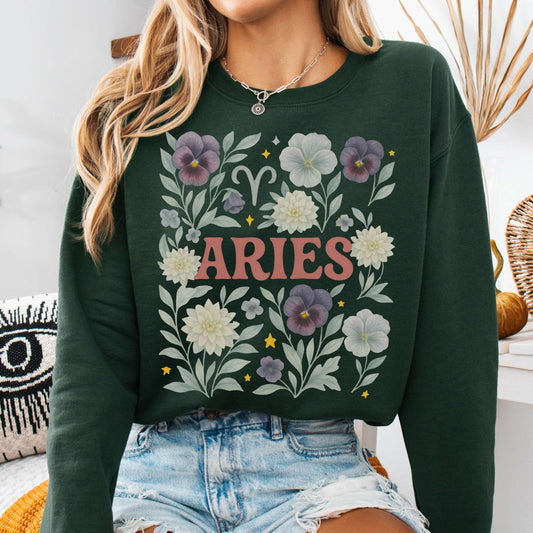 Sweatshirt S / Forest Green Aries Sweatshirt – Boho Floral Zodiac Pullover The Mystic Eden