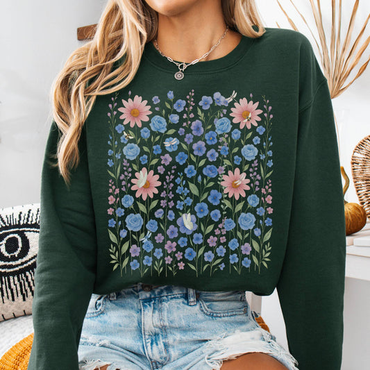 Sweatshirt S / Forest Green Blue Wildflower Sweatshirt – Soft Cottagecore Garden Tee The Mystic Eden