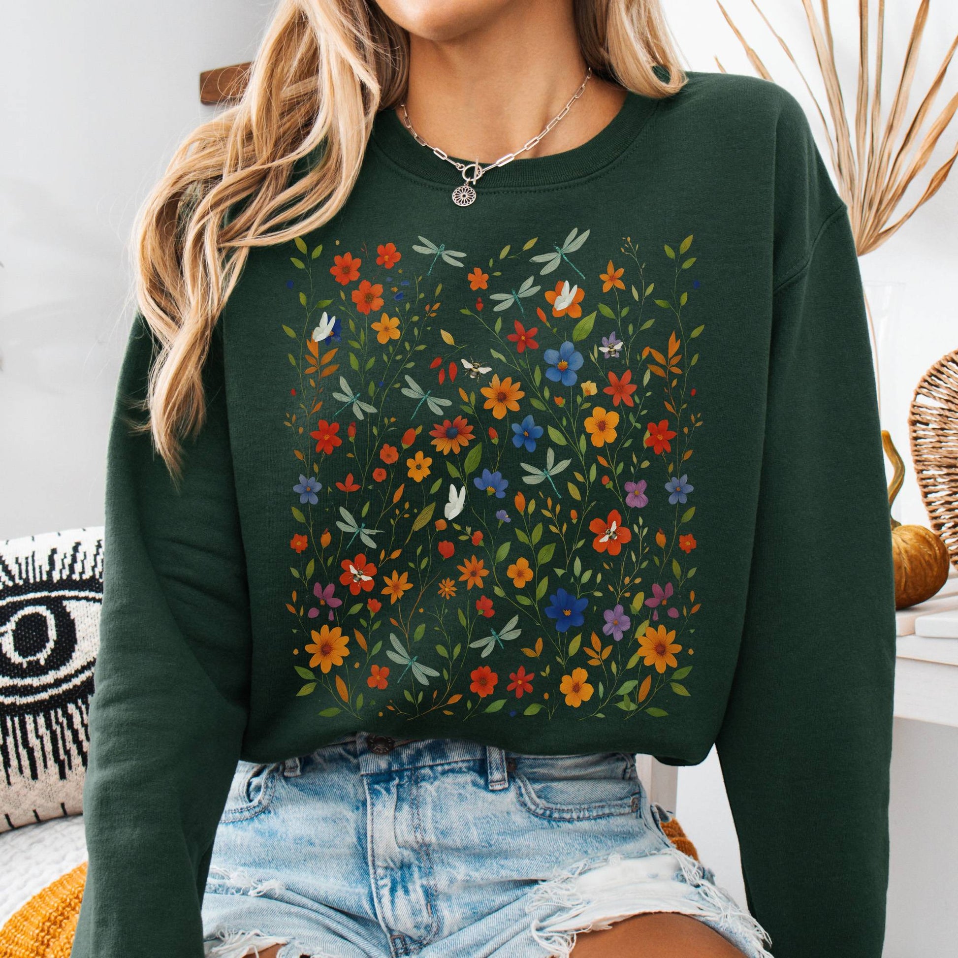 Sweatshirt S / Forest Green Dragonfly Meadow Sweatshirt β Whimsical Floral Tee The Mystic Eden