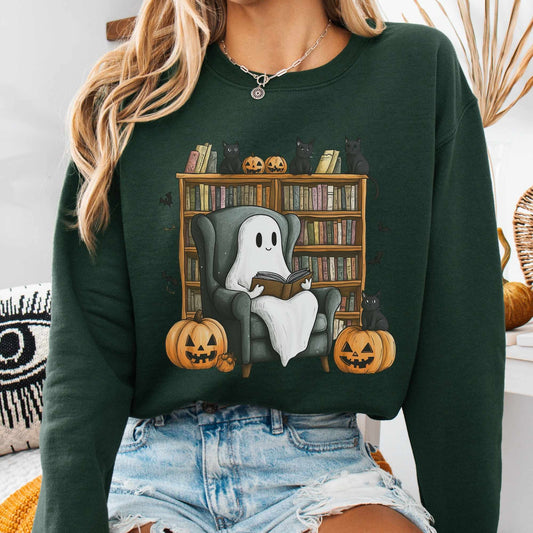Sweatshirt S / Forest Green Happy Reading Ghosts with Black Cats Sweatshirt The Mystic Eden