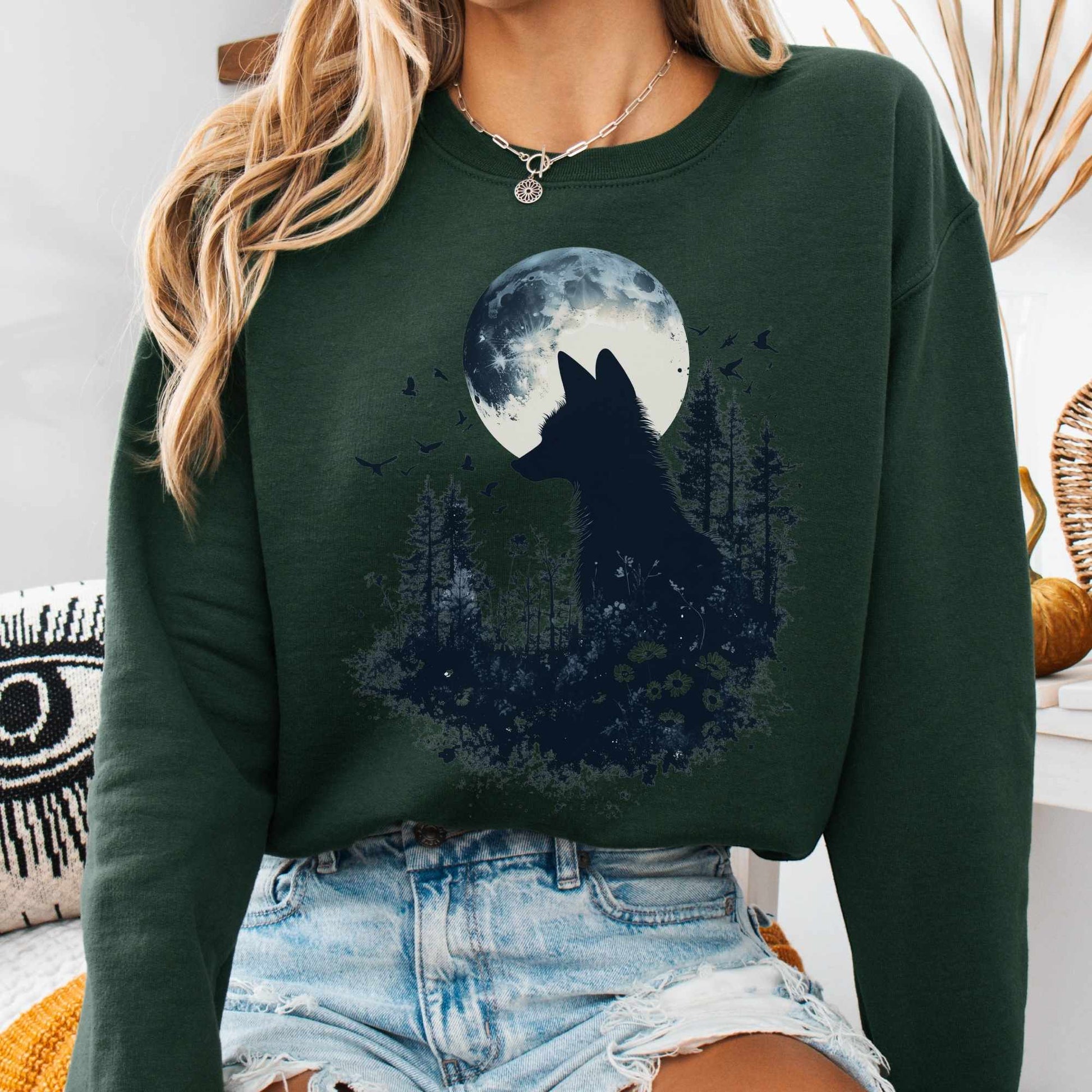 Sweatshirt S / Forest Green Mystical Fox Silhouette Sweatshirt The Mystic Eden