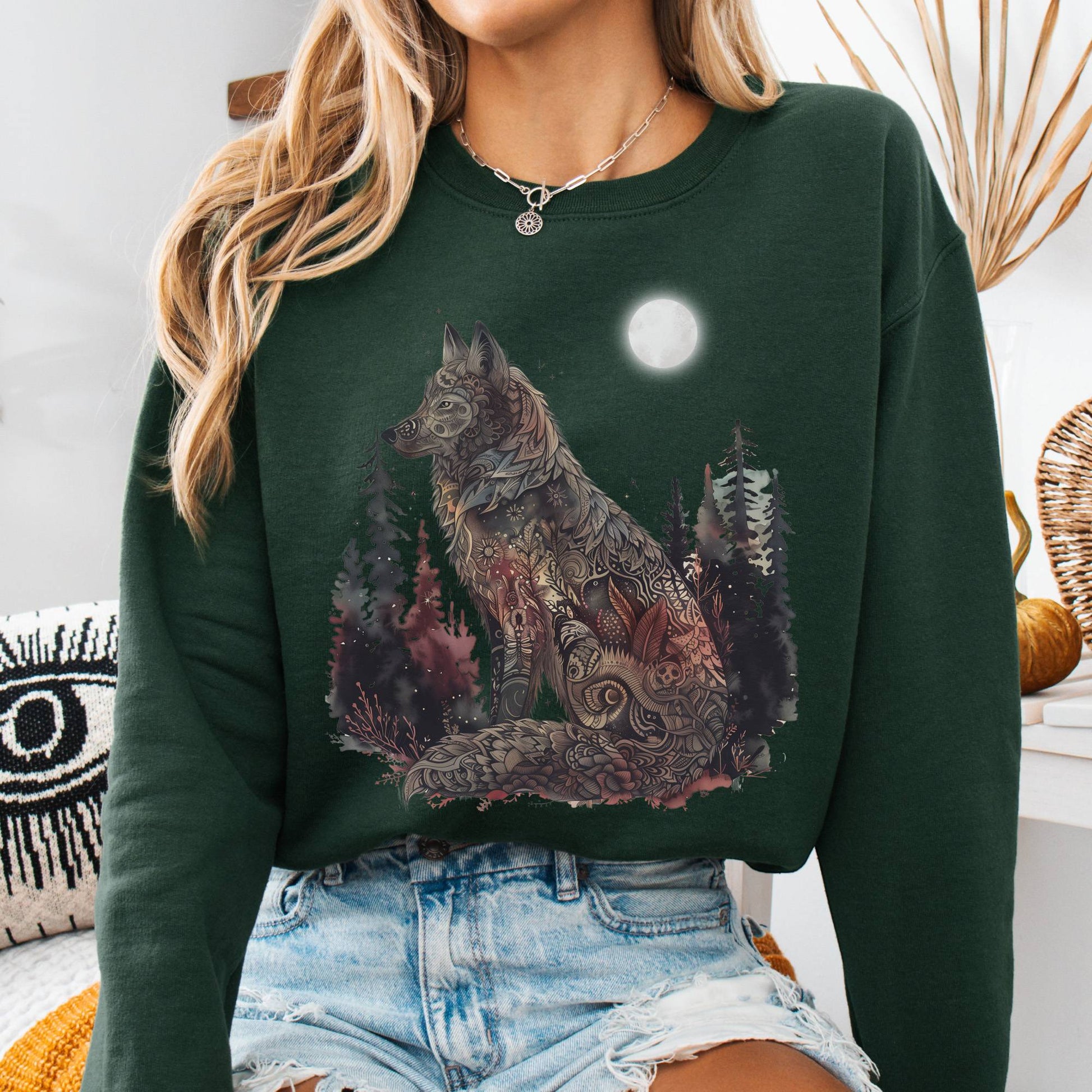 Sweatshirt S / Forest Green Nightfall Wolf Sweatshirt β Mystical Forestcore Tee The Mystic Eden
