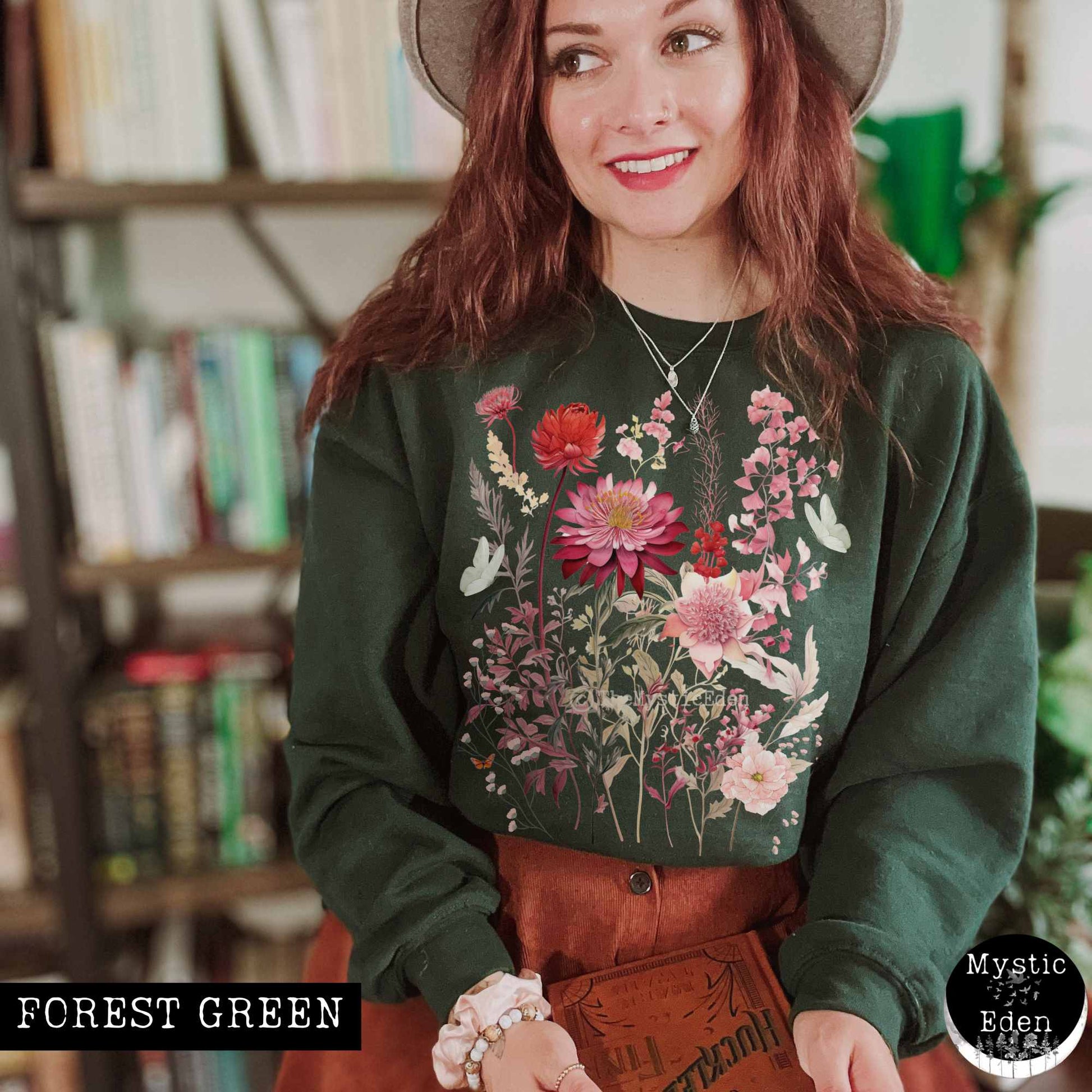 Sweatshirt S / Forest Green Pink Floral pressed flowers sweatshirt with butterflies The Mystic Eden