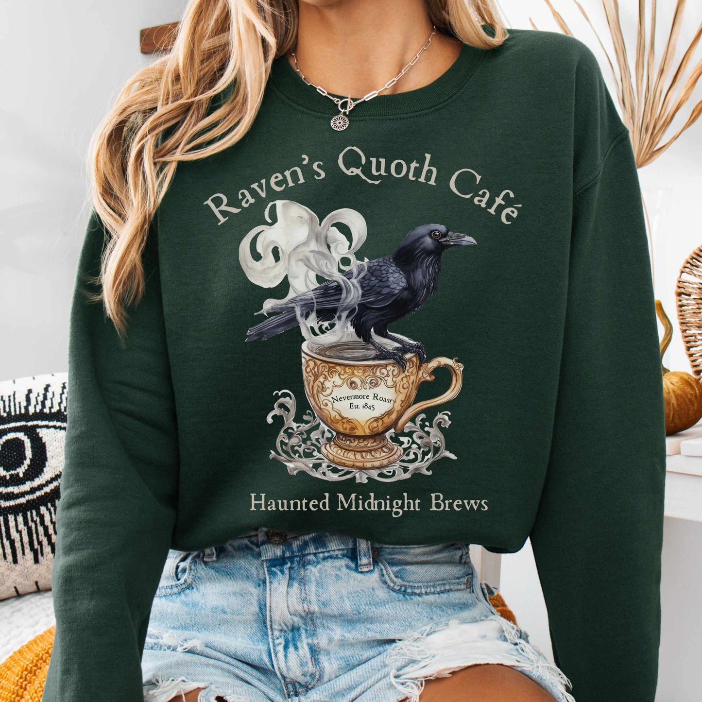 Sweatshirt S / Forest Green Raven's Quoth Cafe Edgar Allan Poe Sweatshirt The Mystic Eden