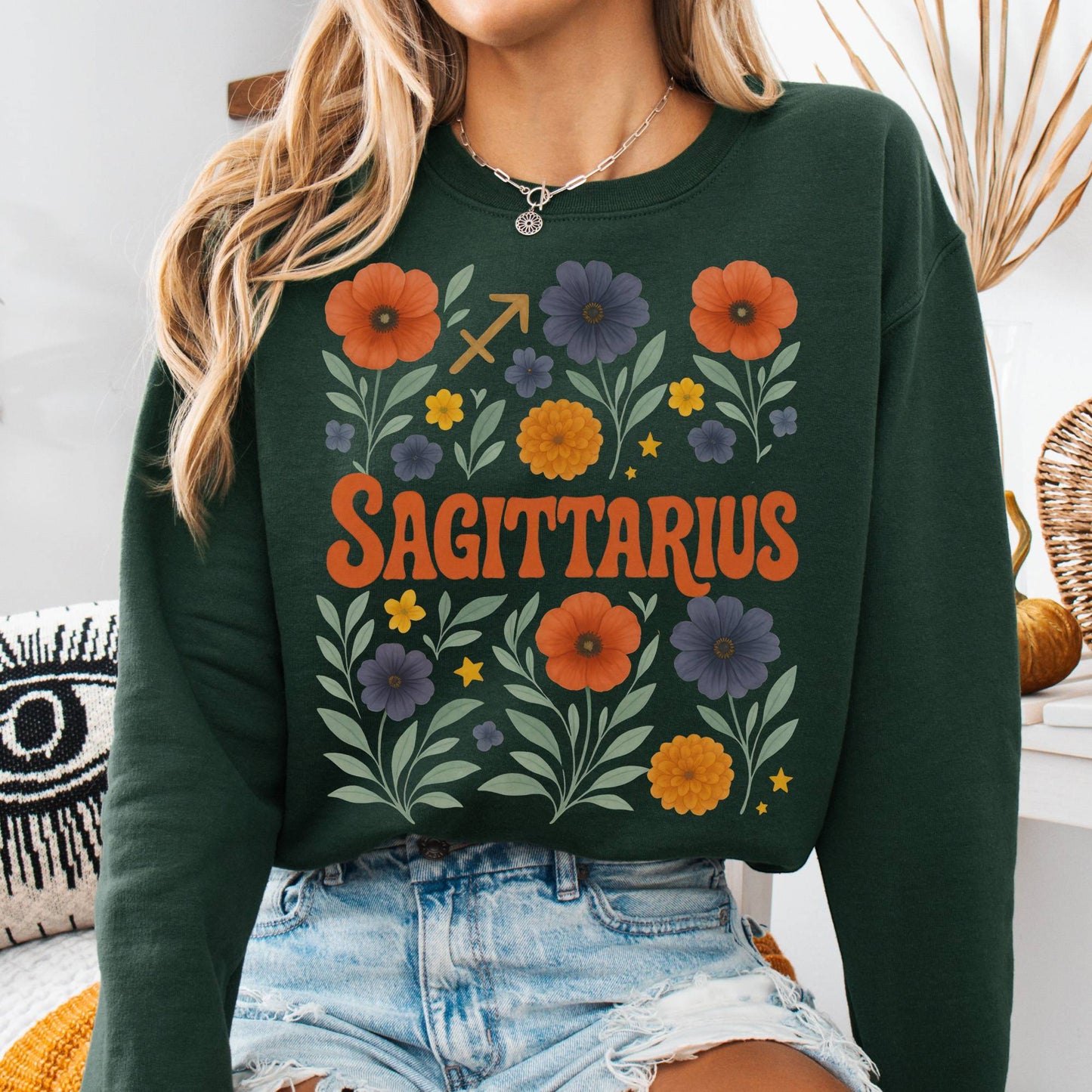 Sweatshirt S / Forest Green Sagittarius Sweatshirt – Boho Floral Zodiac Pullover The Mystic Eden