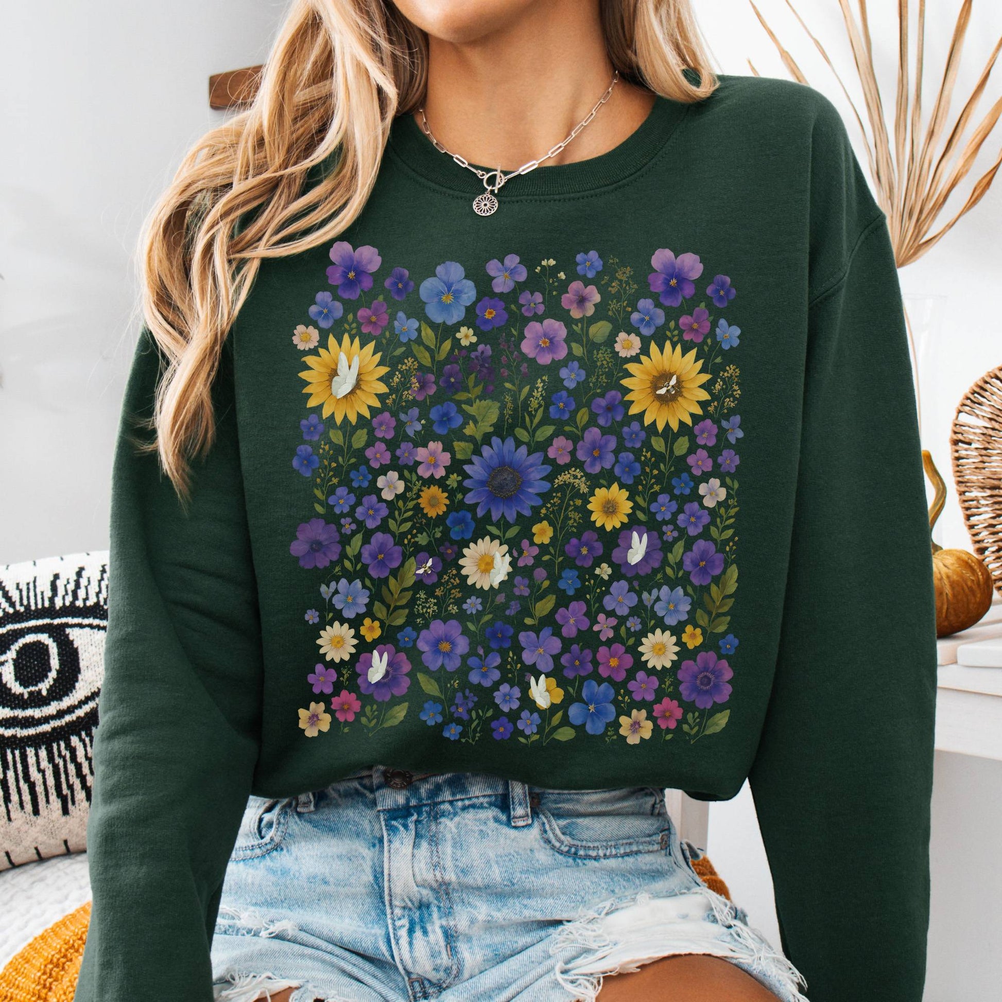 Sweatshirt S / Forest Green Sunflower Garden Sweatshirt β Vibrant Bloom Tee The Mystic Eden