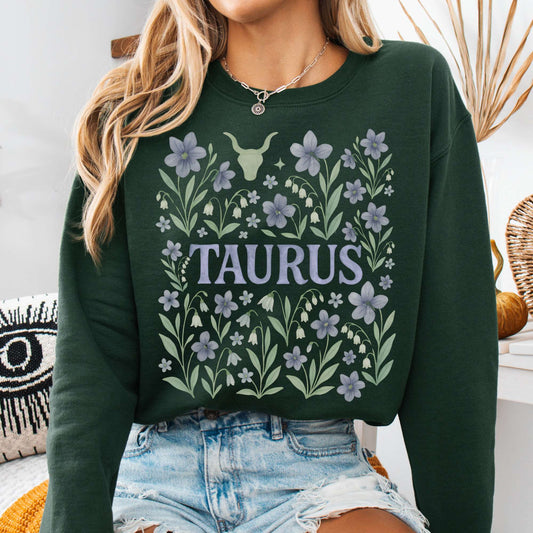 Sweatshirt S / Forest Green Taurus Sweatshirt β Boho Floral Zodiac Pullover The Mystic Eden