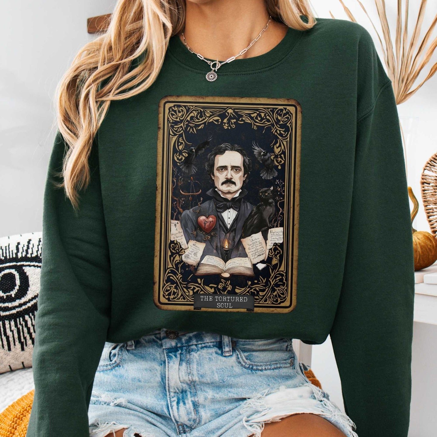 Sweatshirt S / Forest Green The Tortured Soul Tarot Card Edgar Allan Poe Sweatshirt The Mystic Eden