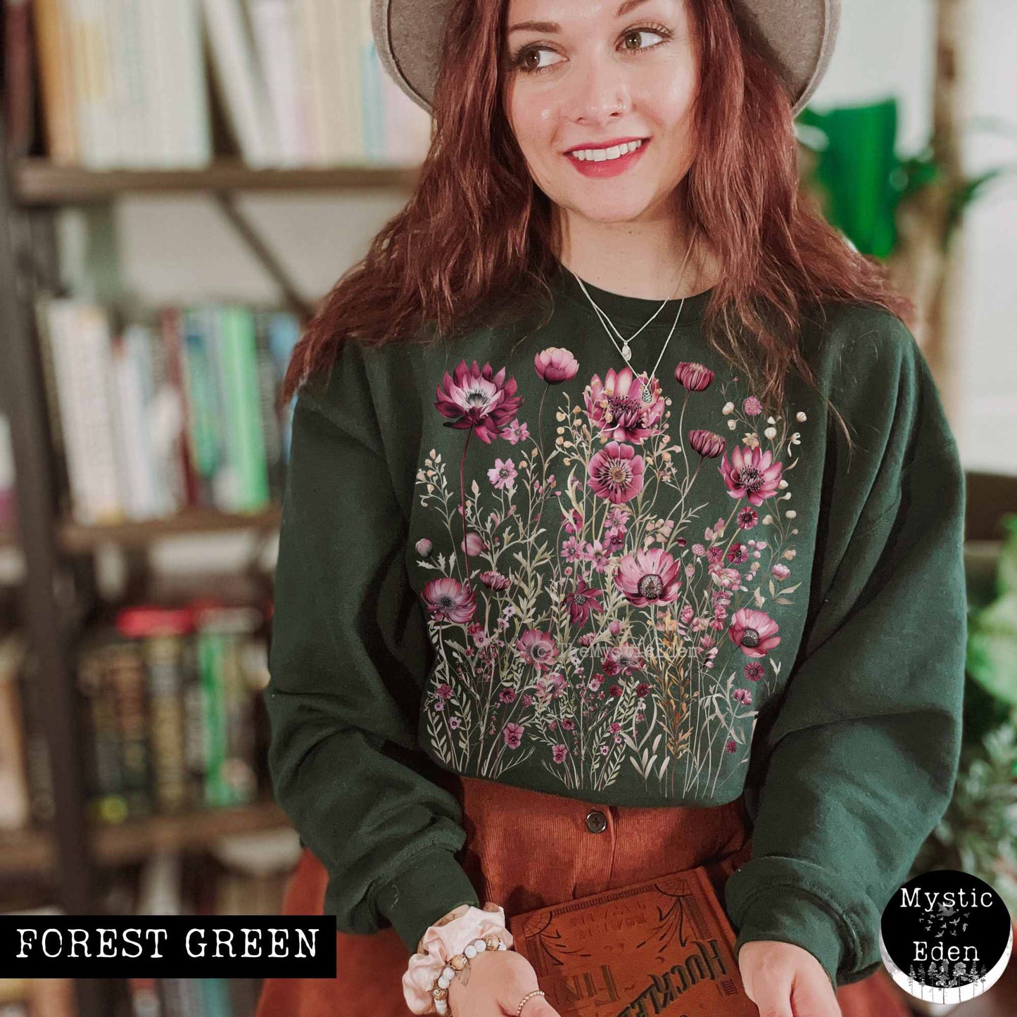 Sweatshirt S / Forest Green Vintage maroon pressed flowers sweatshirt The Mystic Eden