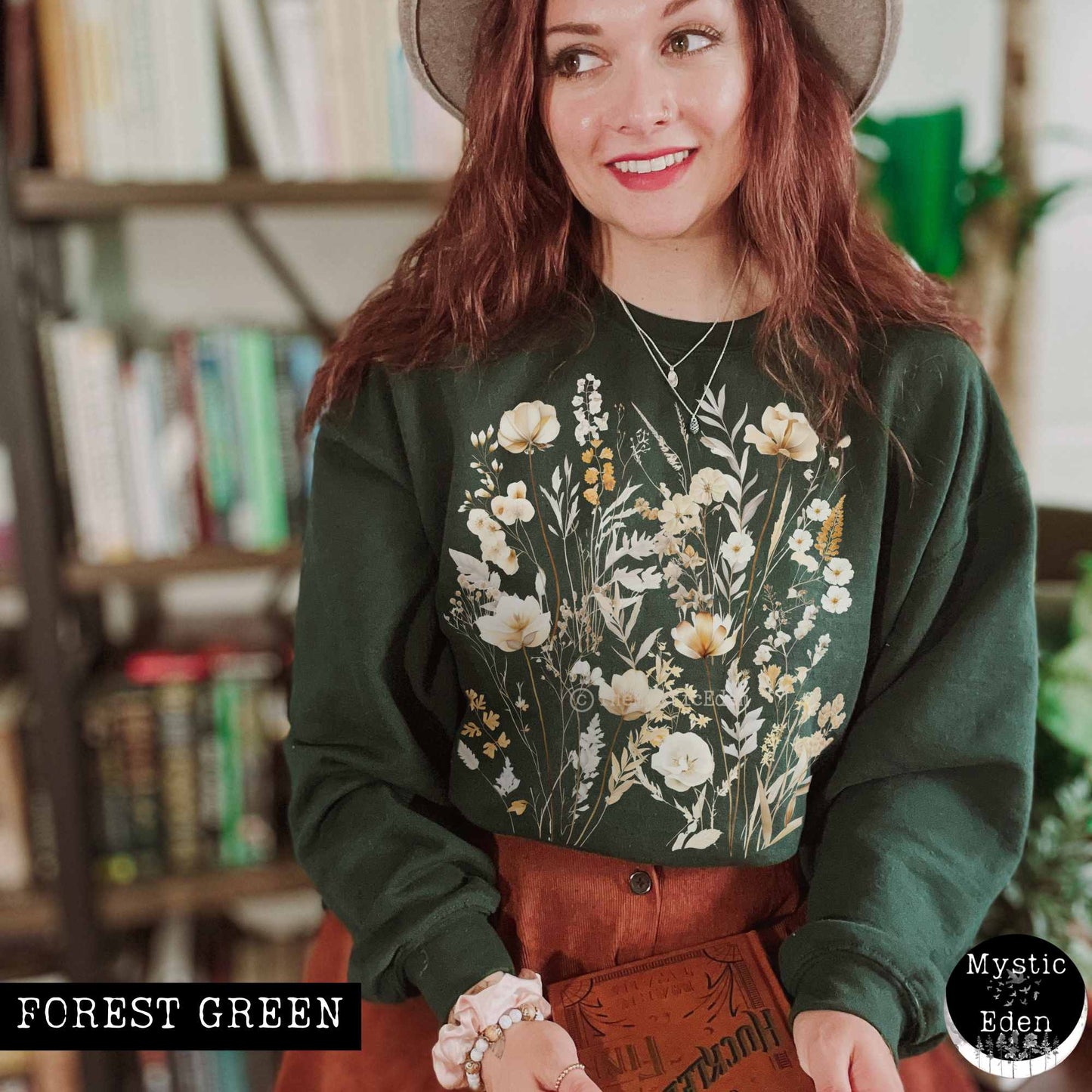 Sweatshirt S / Forest Green Vintage white pressed flowers wildflower sweatshirt The Mystic Eden