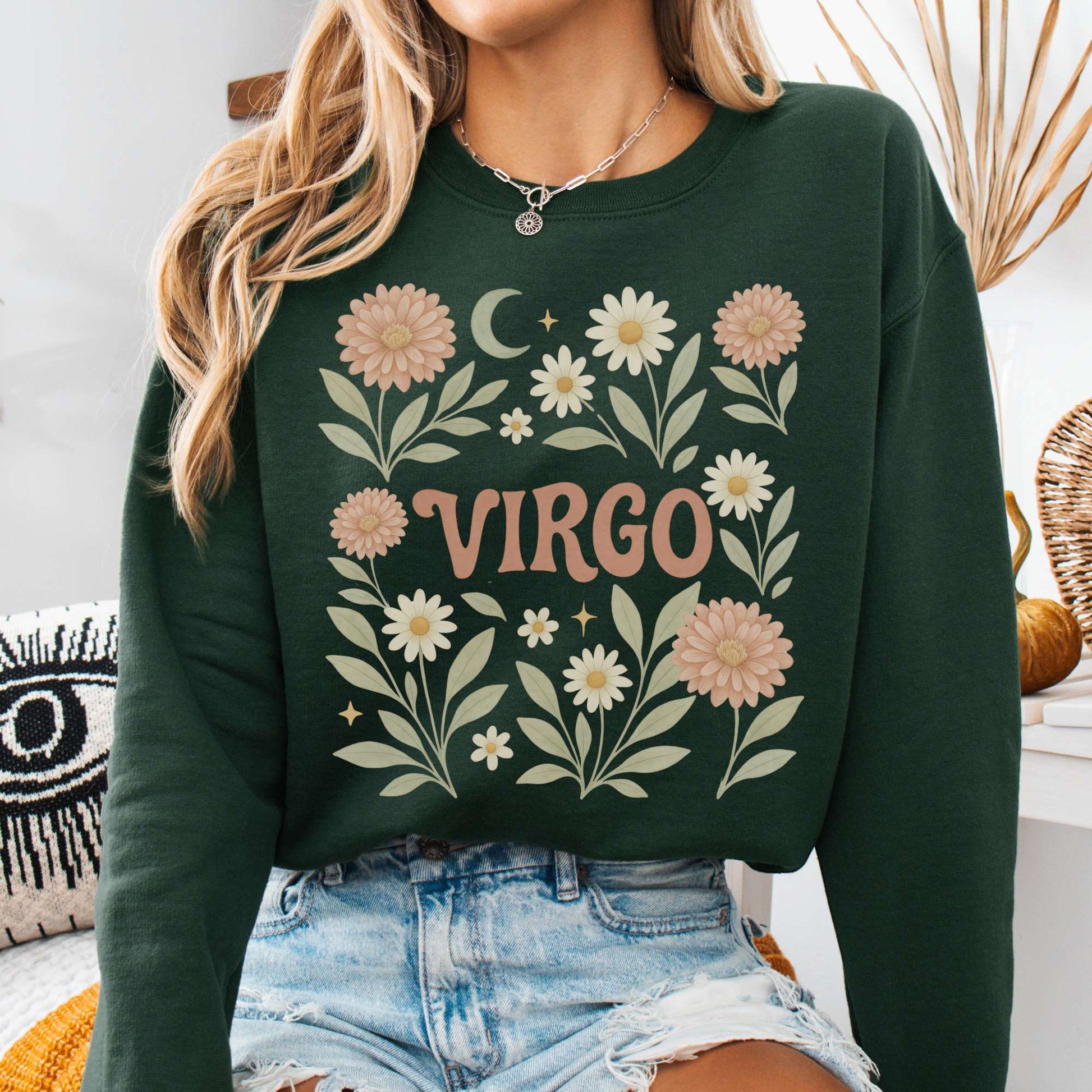 Sweatshirt S / Forest Green Virgo Sweatshirt – Boho Floral Zodiac Pullover The Mystic Eden
