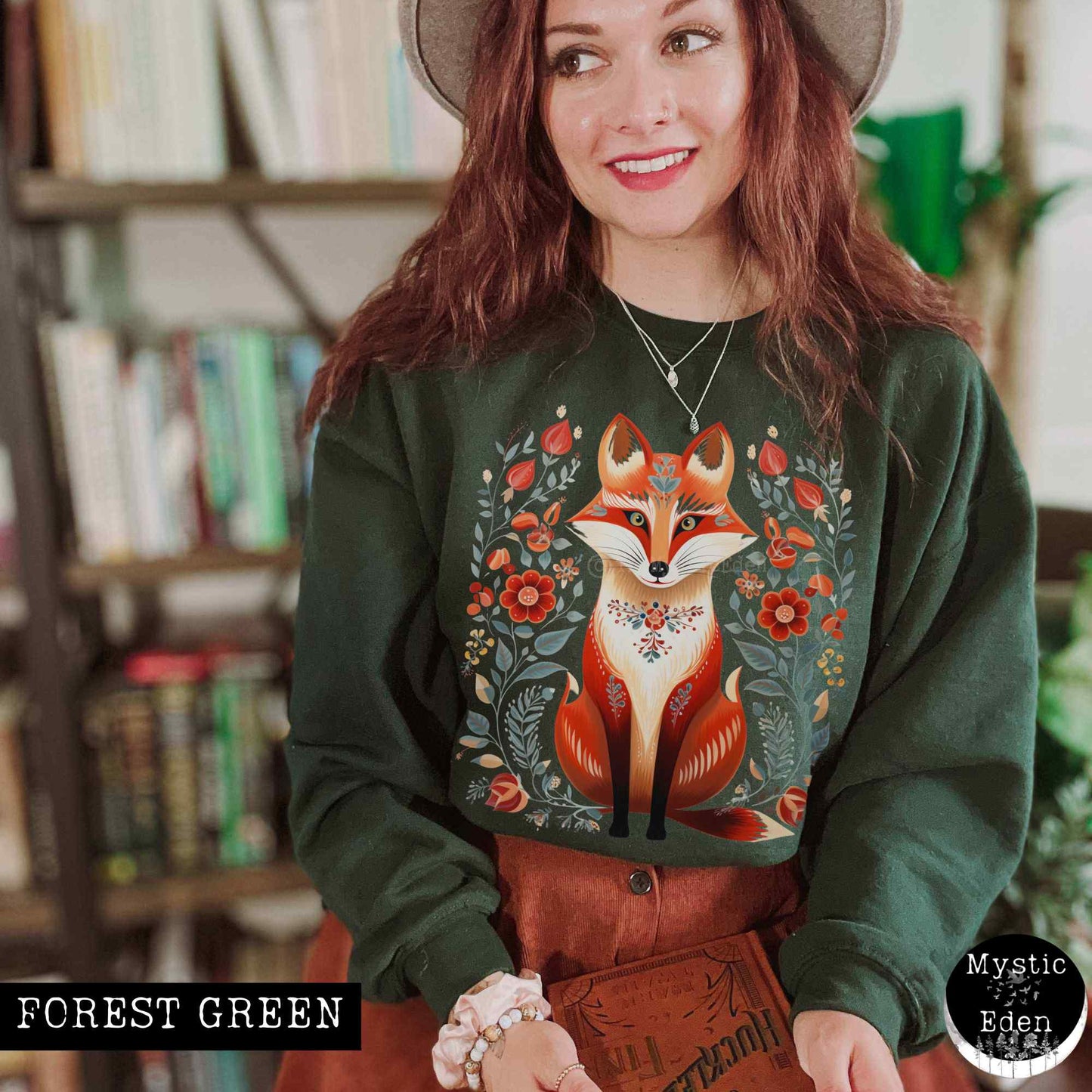 Sweatshirt S / Forest Green Whimsical Scandinavian Folk Art Fox Sweatshirt The Mystic Eden