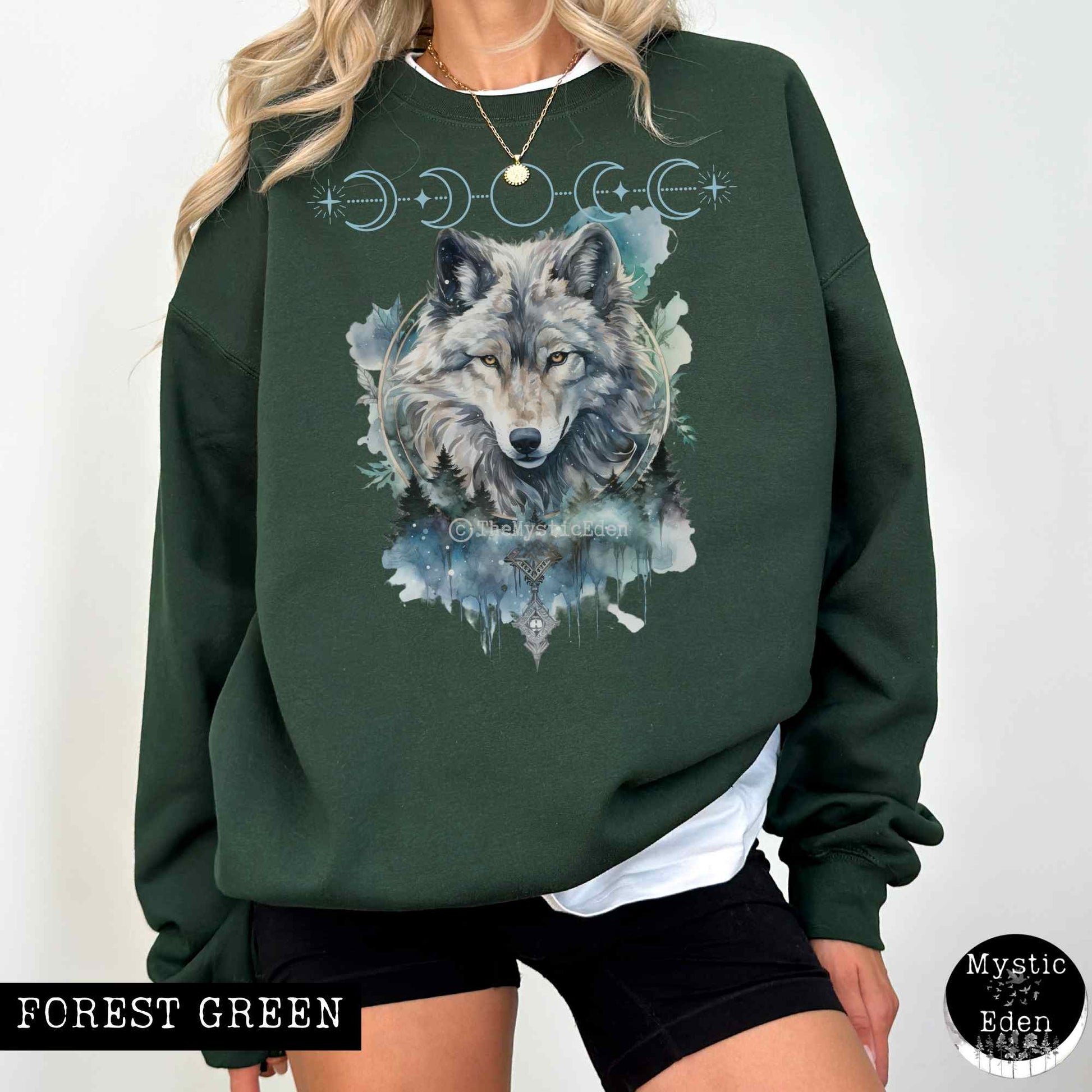 Sweatshirt S / Forest Green Whimsical Wolf Sweatshirt The Mystic Eden