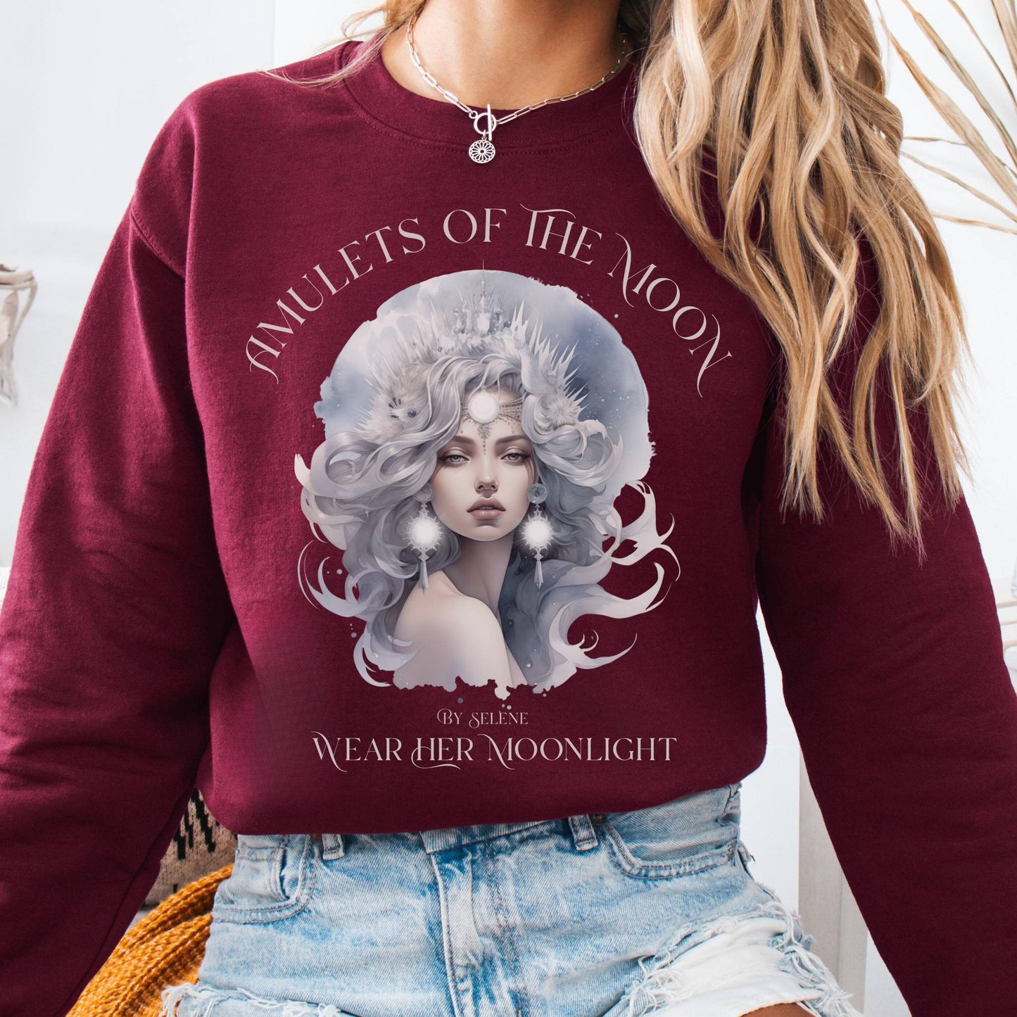 Sweatshirt S / Maroon Amulets of the Moon Sweatshirt – Celestial Goddess Tee The Mystic Eden