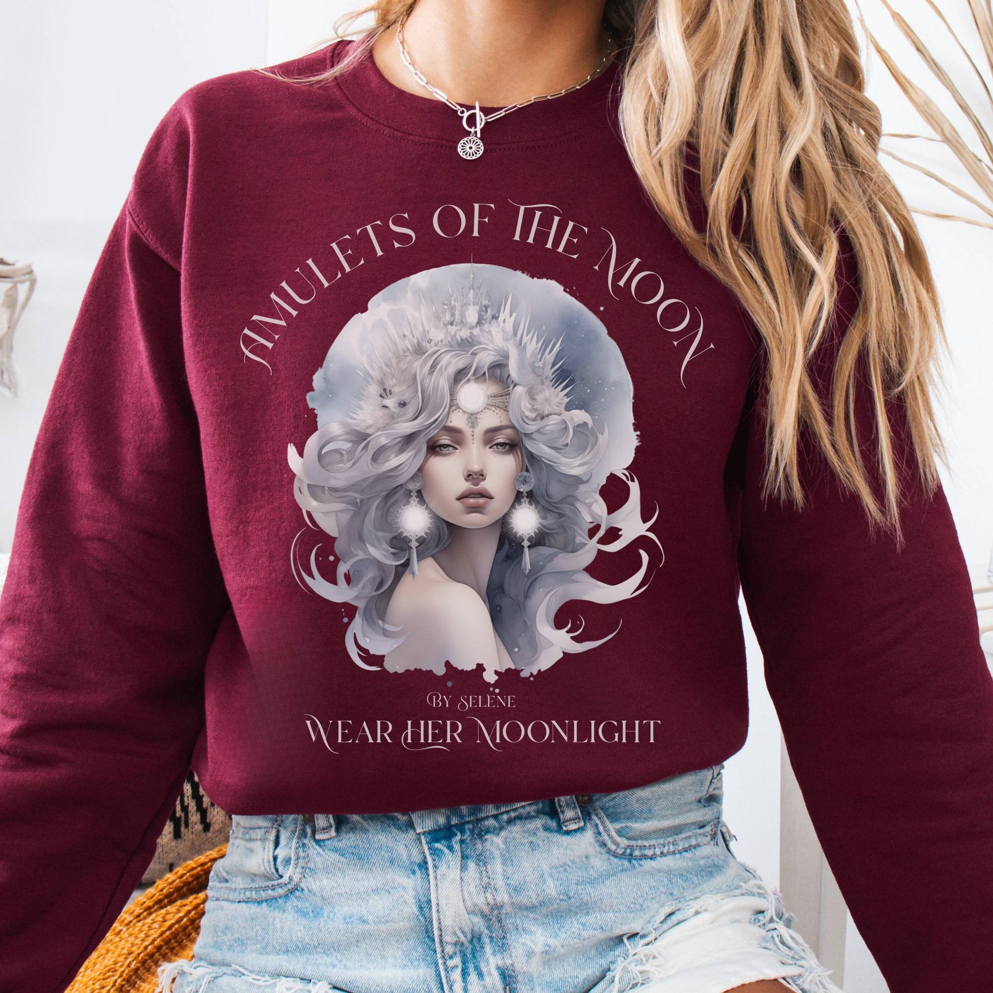 Sweatshirt S / Maroon Amulets of the Moon Sweatshirt – Celestial Goddess Tee The Mystic Eden