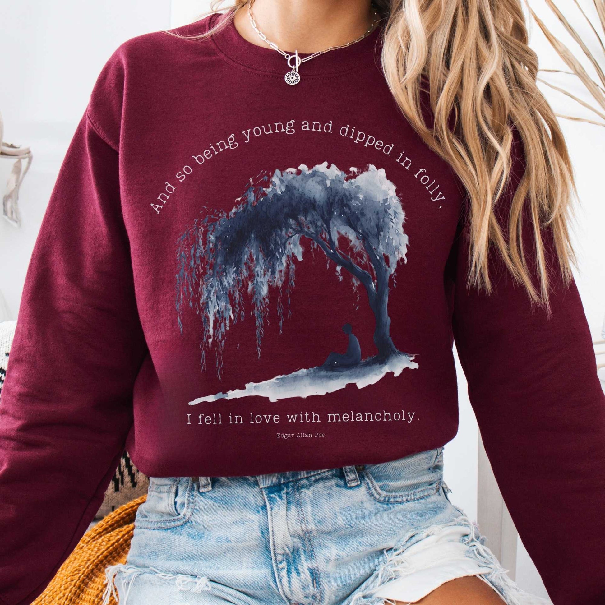 Sweatshirt S / Maroon And So Being Young  Edgar Allan Poe Sweatshirt The Mystic Eden