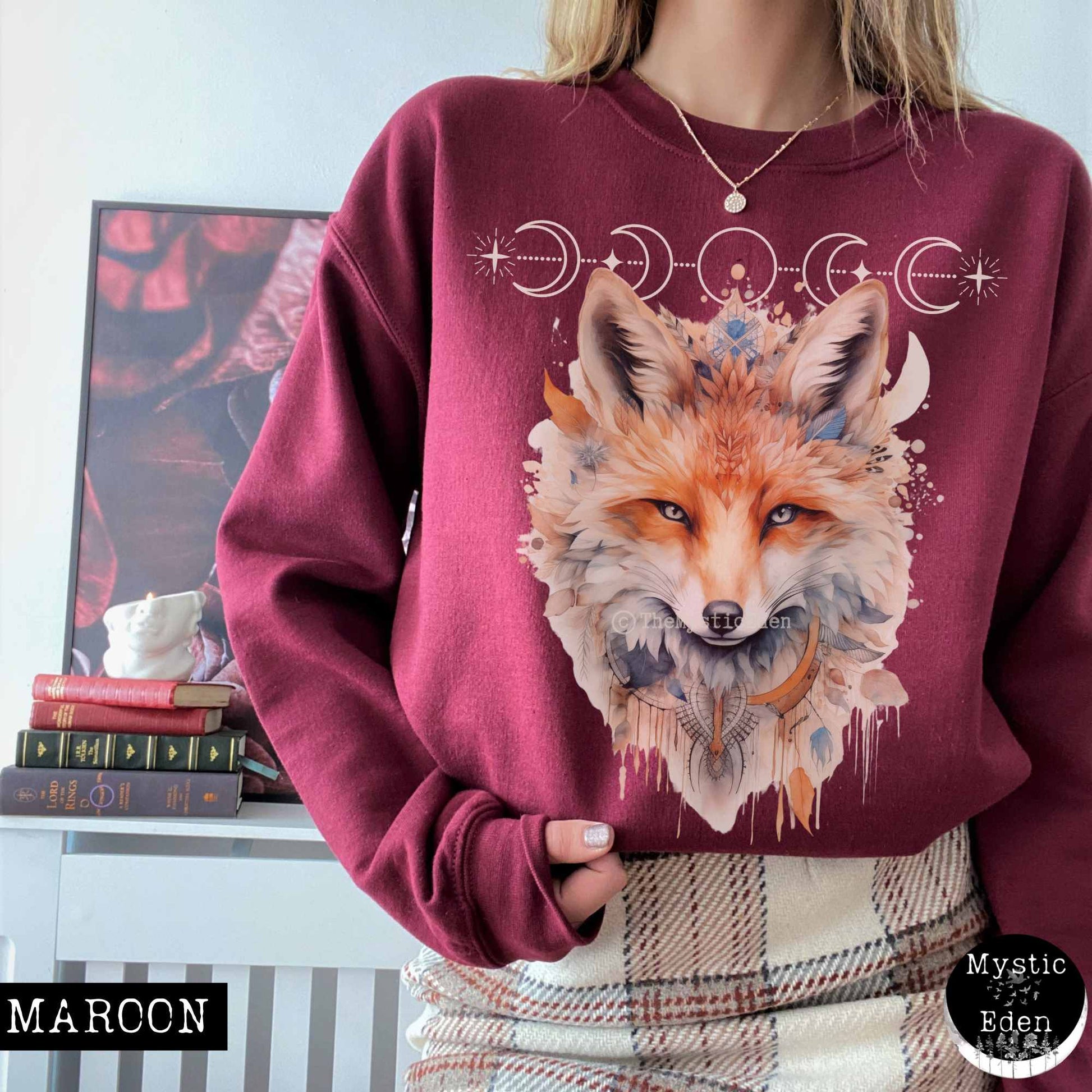 Sweatshirt S / Maroon Mystical fox sweatshirt witchy whimsical aesthetic The Mystic Eden