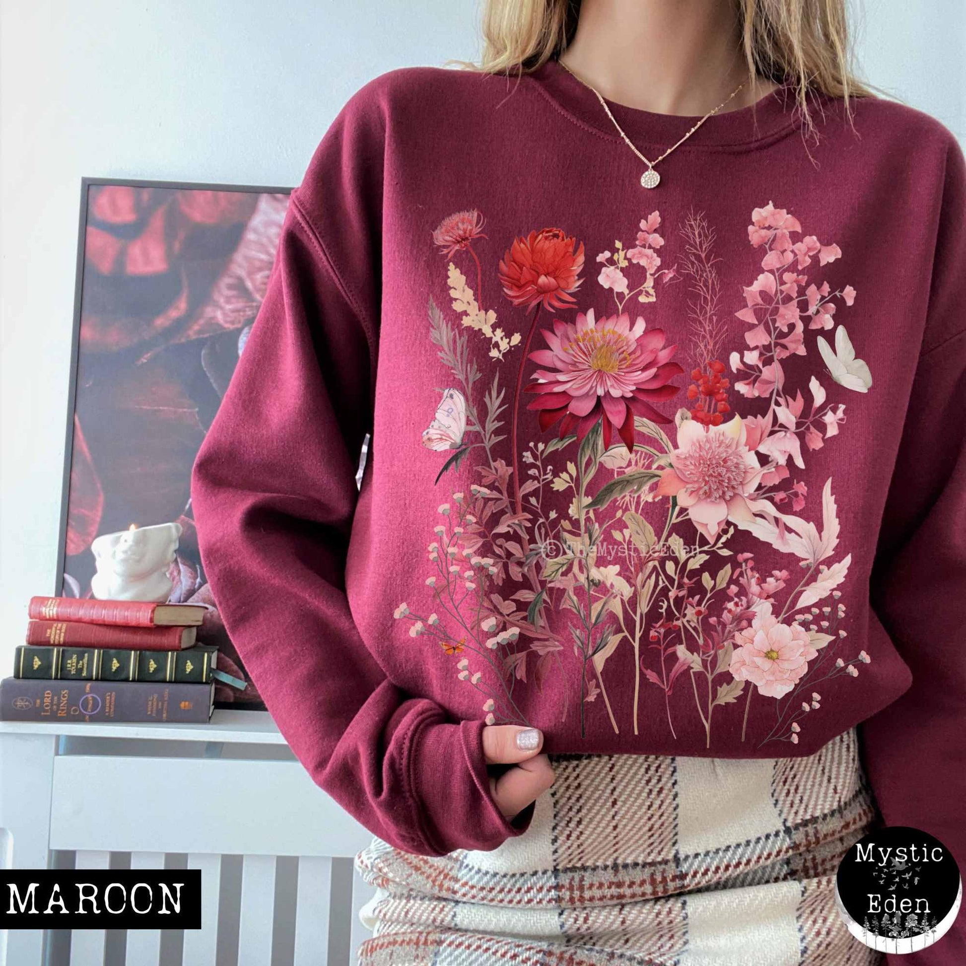 Sweatshirt S / Maroon Pink Floral pressed flowers sweatshirt with butterflies The Mystic Eden