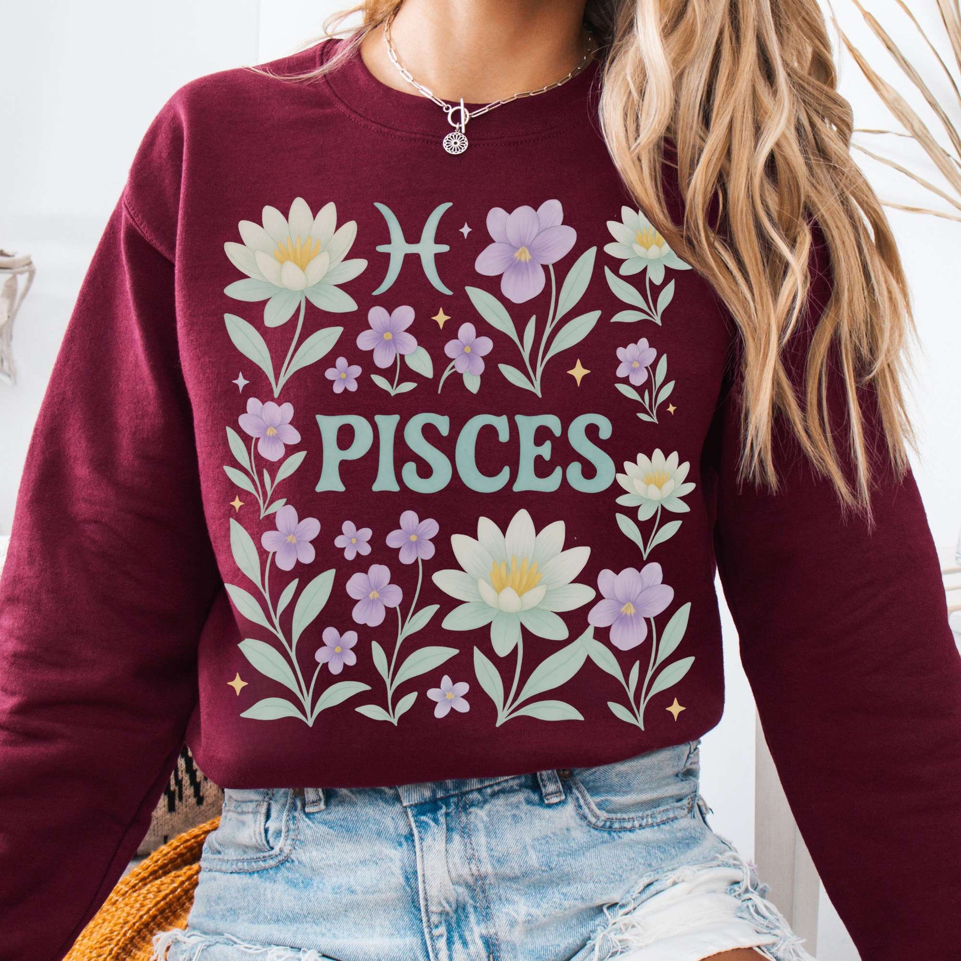 Sweatshirt S / Maroon Pisces Sweatshirt – Boho Floral Zodiac Pullover The Mystic Eden