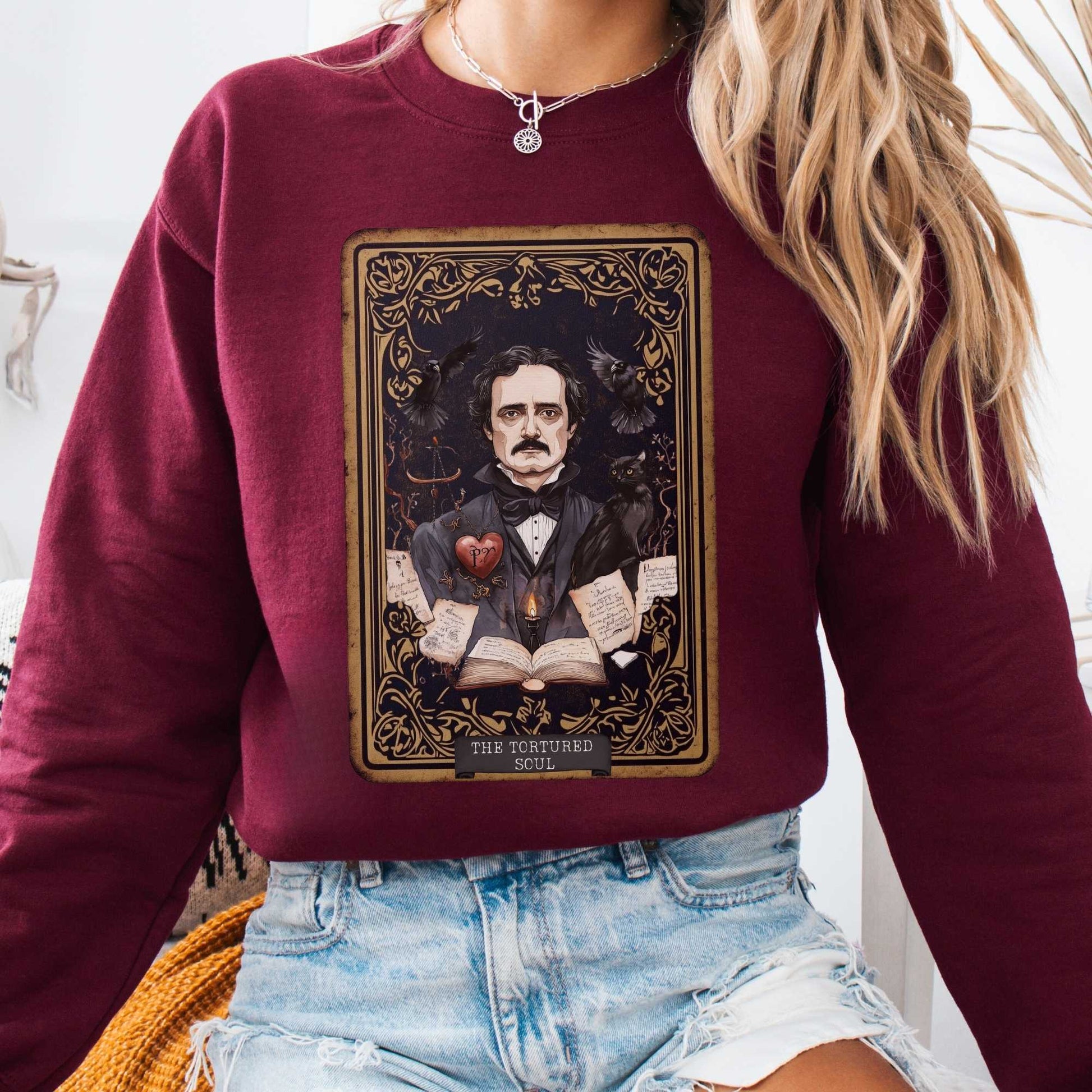 Sweatshirt S / Maroon The Tortured Soul Tarot Card Edgar Allan Poe Sweatshirt The Mystic Eden