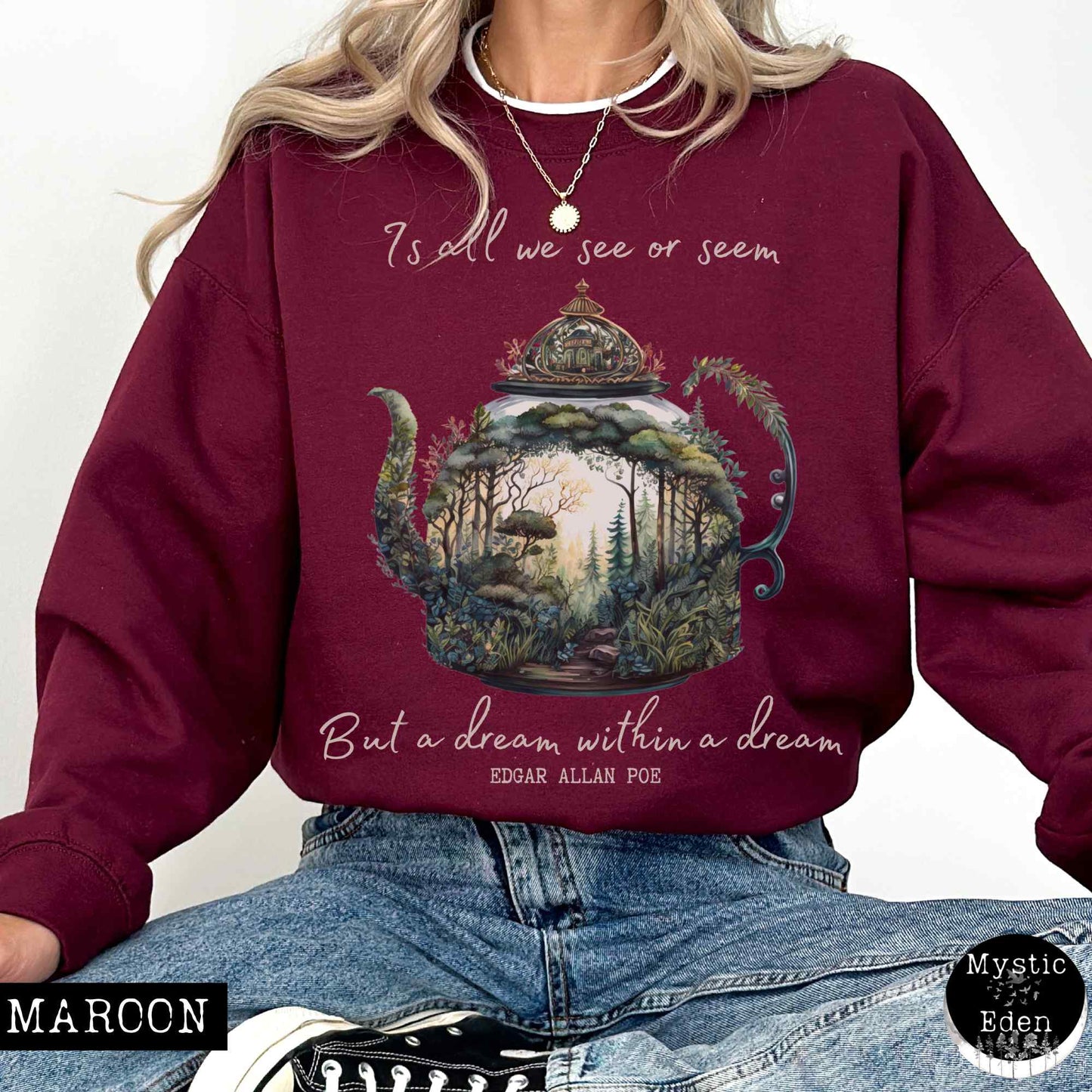 Sweatshirt S / Maroon Vintage Edgar Allan Poe Sweatshirt Dream Within A Dream The Mystic Eden