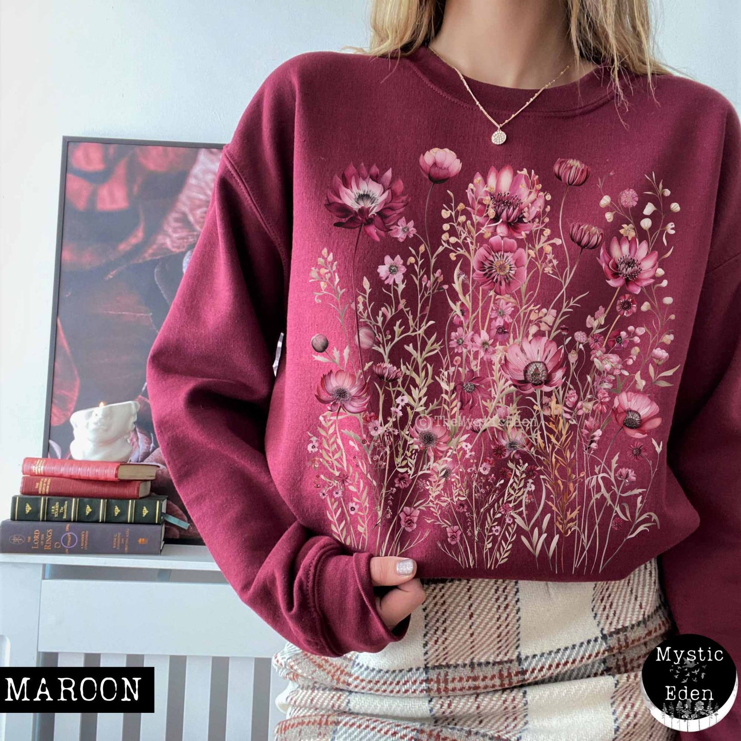 Sweatshirt S / Maroon Vintage maroon pressed flowers sweatshirt The Mystic Eden
