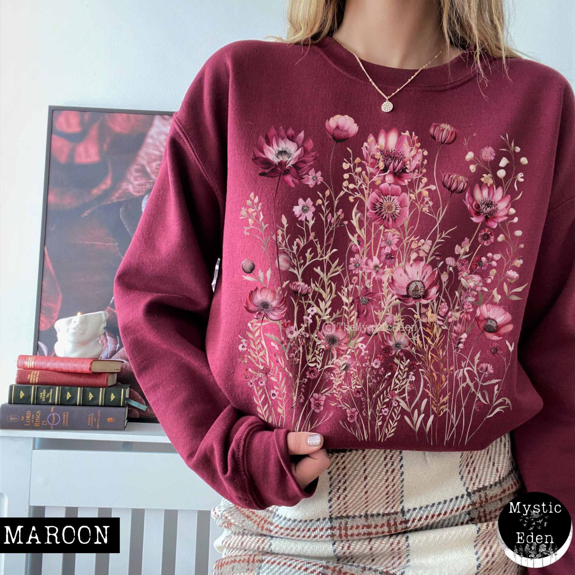 Sweatshirt S / Maroon Vintage maroon pressed flowers sweatshirt The Mystic Eden