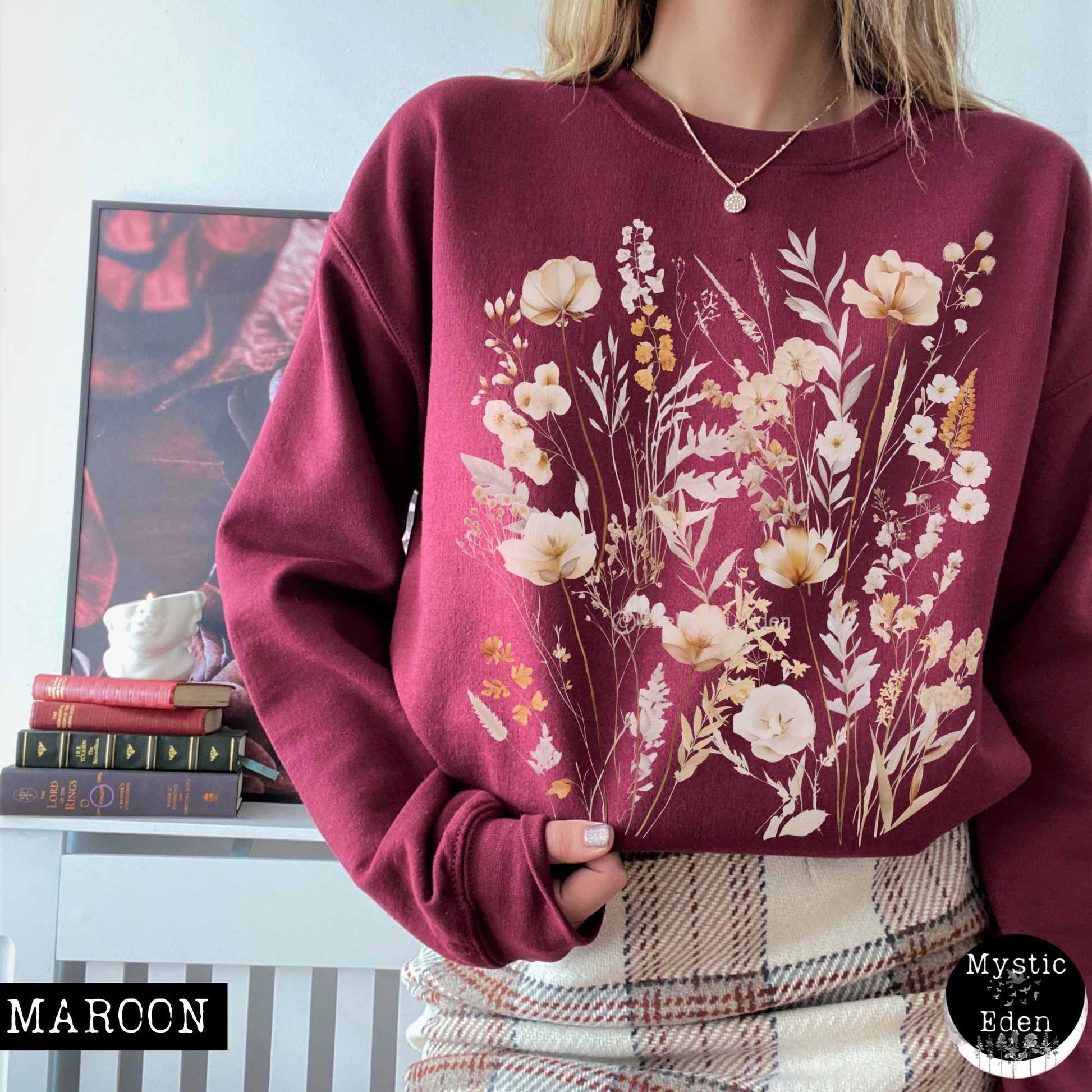 Sweatshirt S / Maroon Vintage white pressed flowers wildflower sweatshirt The Mystic Eden