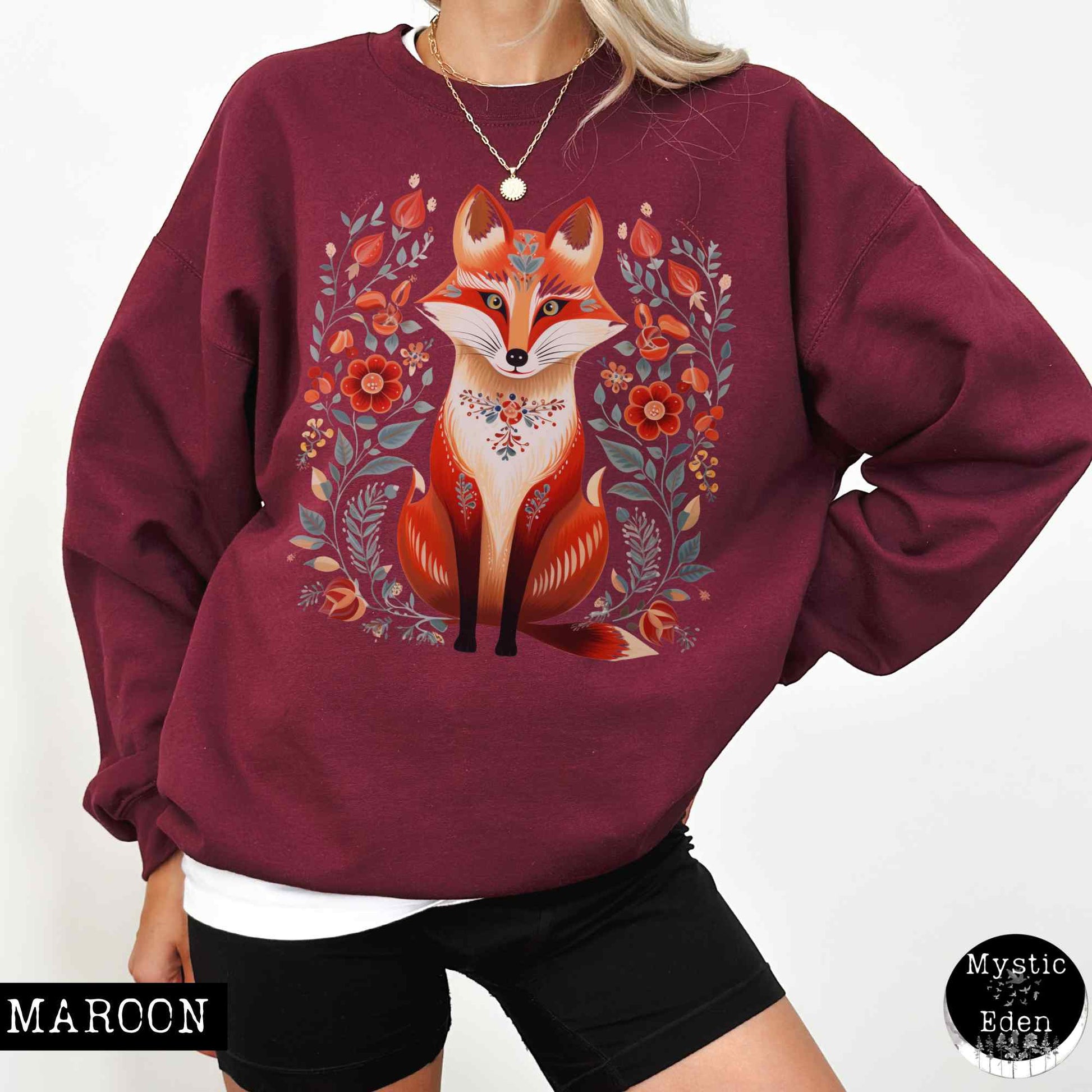 Sweatshirt S / Maroon Whimsical Scandinavian Folk Art Fox Sweatshirt The Mystic Eden