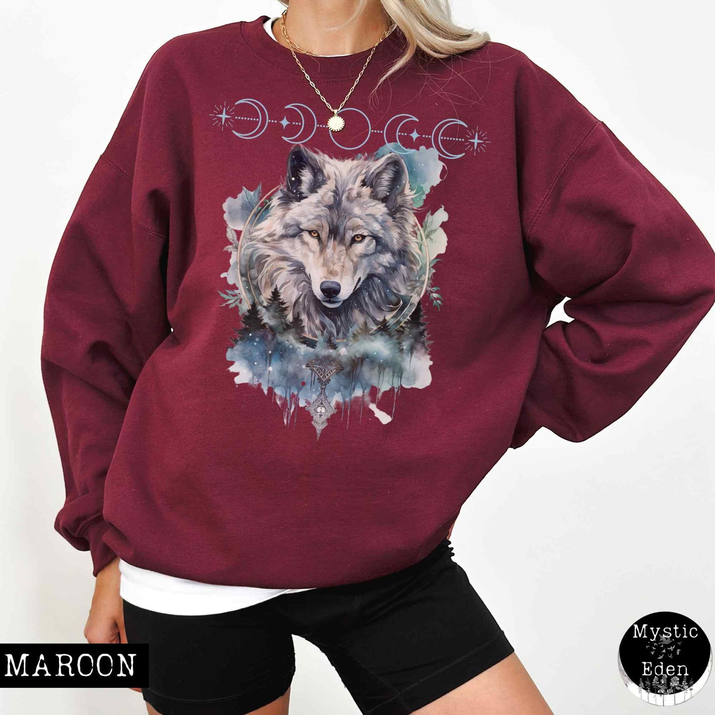 Sweatshirt S / Maroon Whimsical Wolf Sweatshirt The Mystic Eden