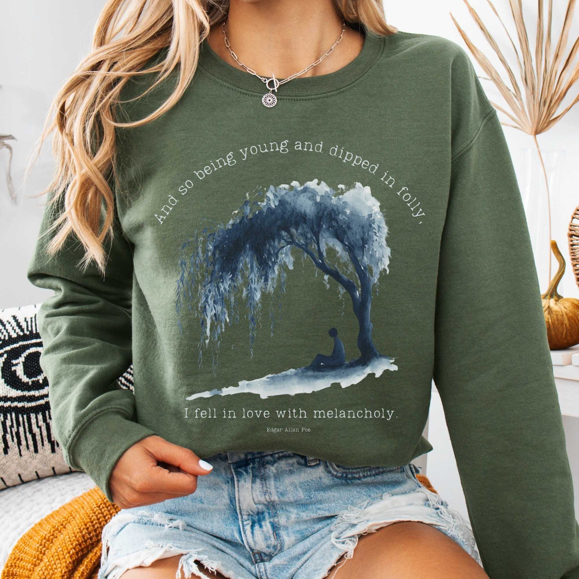 Sweatshirt S / Military Green And So Being Young  Edgar Allan Poe Sweatshirt The Mystic Eden