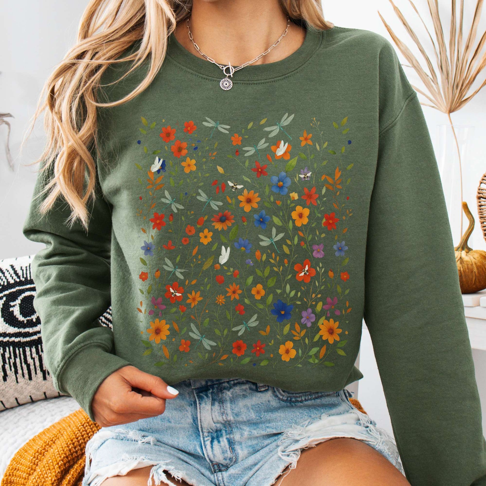 Sweatshirt S / Military Green Dragonfly Meadow Sweatshirt β Whimsical Floral Tee The Mystic Eden