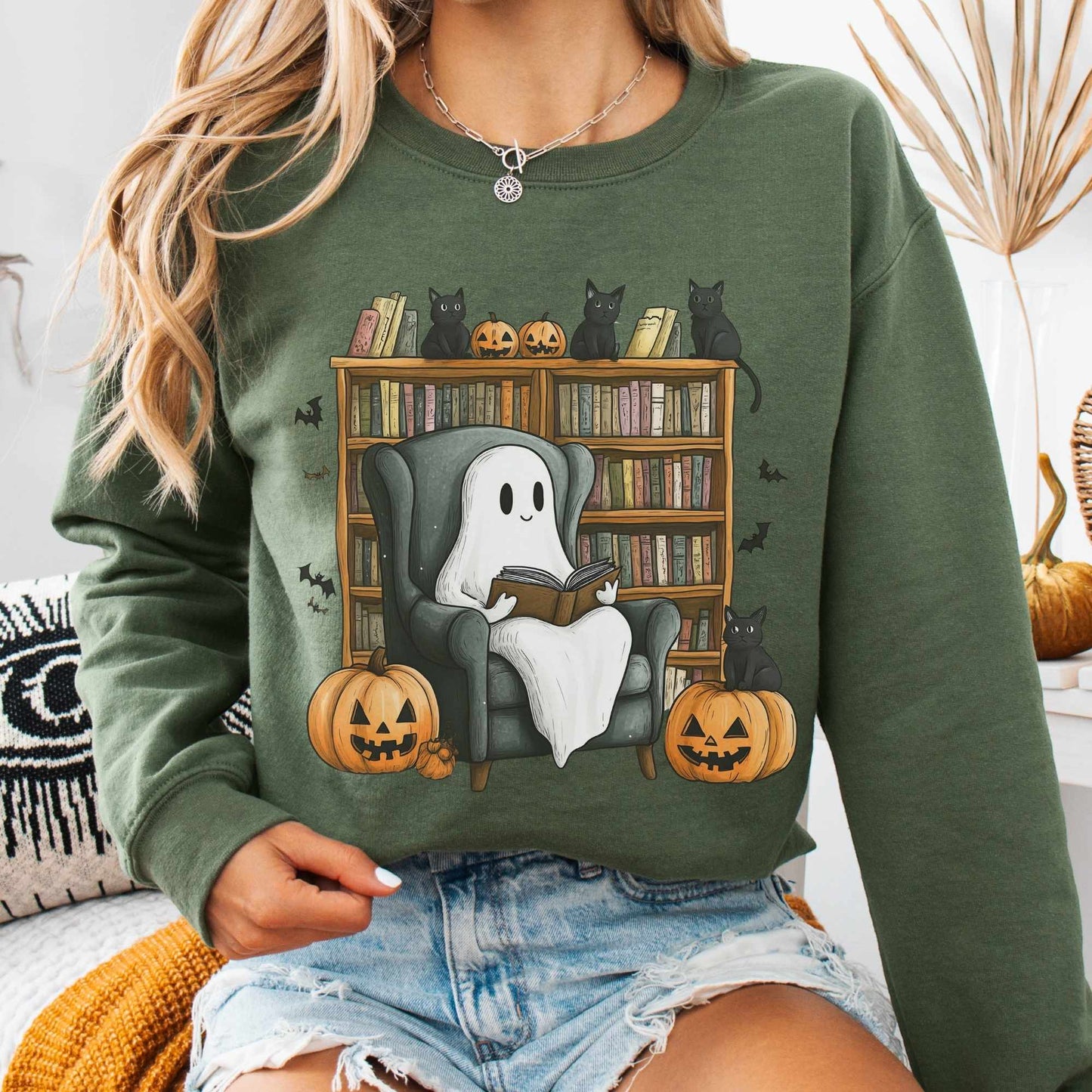 Sweatshirt S / Military Green Happy Reading Ghosts with Black Cats Sweatshirt The Mystic Eden