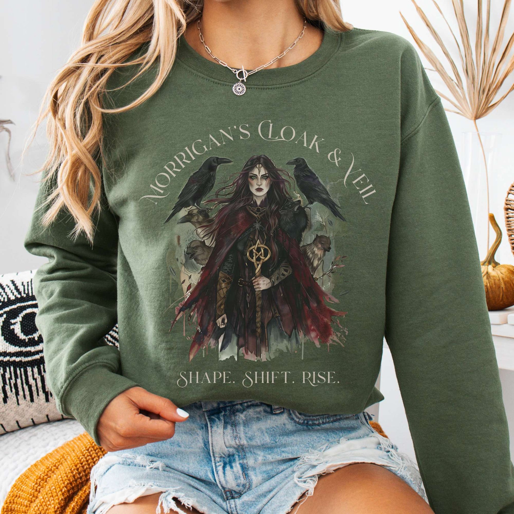 Sweatshirt S / Military Green Morrigan's Cloak & Veil Sweatshirt – Celtic Goddess Tee The Mystic Eden