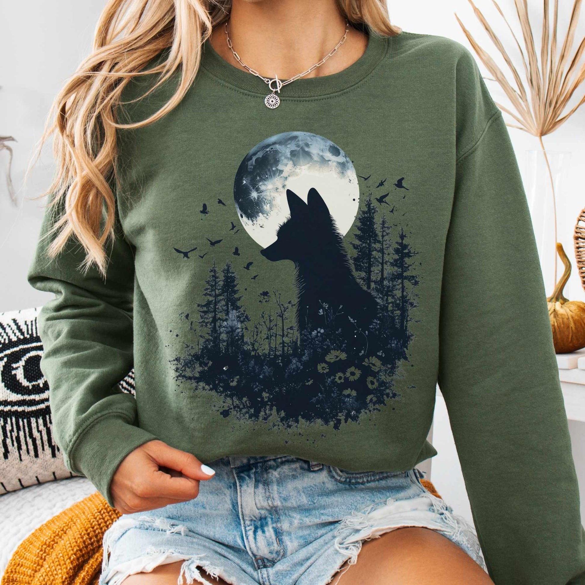 Sweatshirt S / Military Green Mystical Fox Silhouette Sweatshirt The Mystic Eden