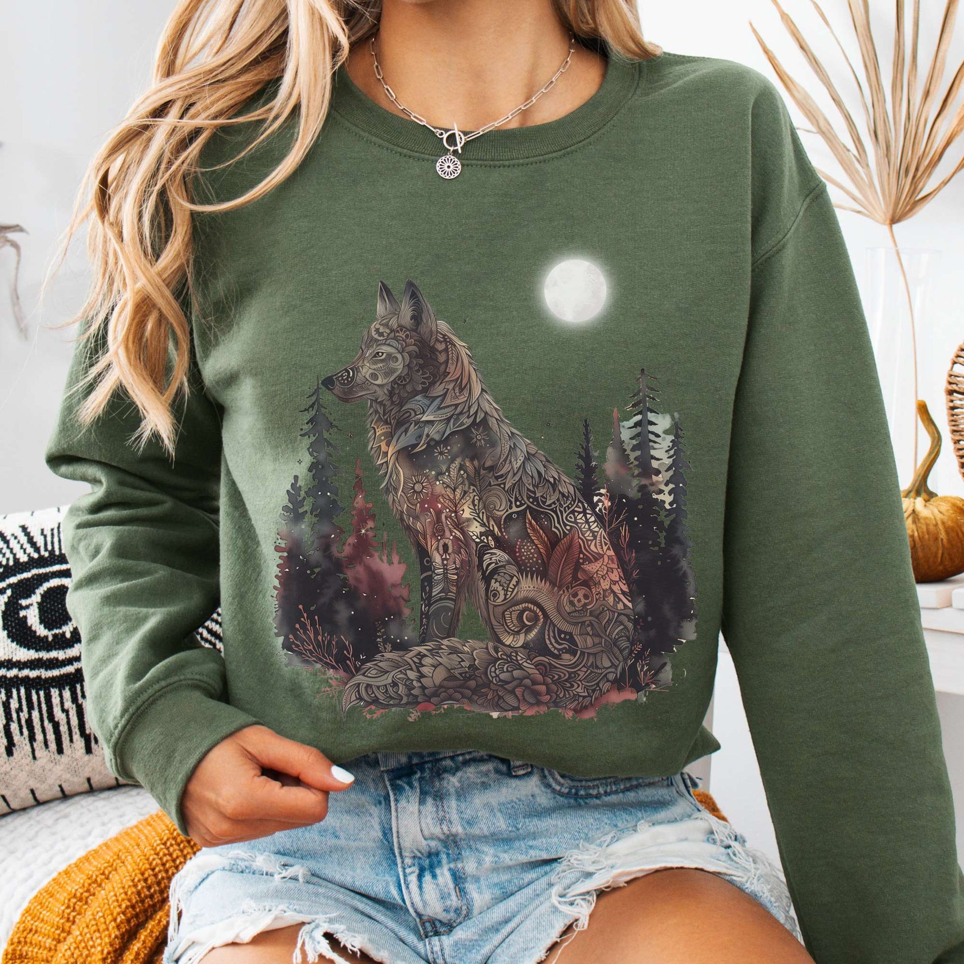 Sweatshirt S / Military Green Nightfall Wolf Sweatshirt β Mystical Forestcore Tee The Mystic Eden