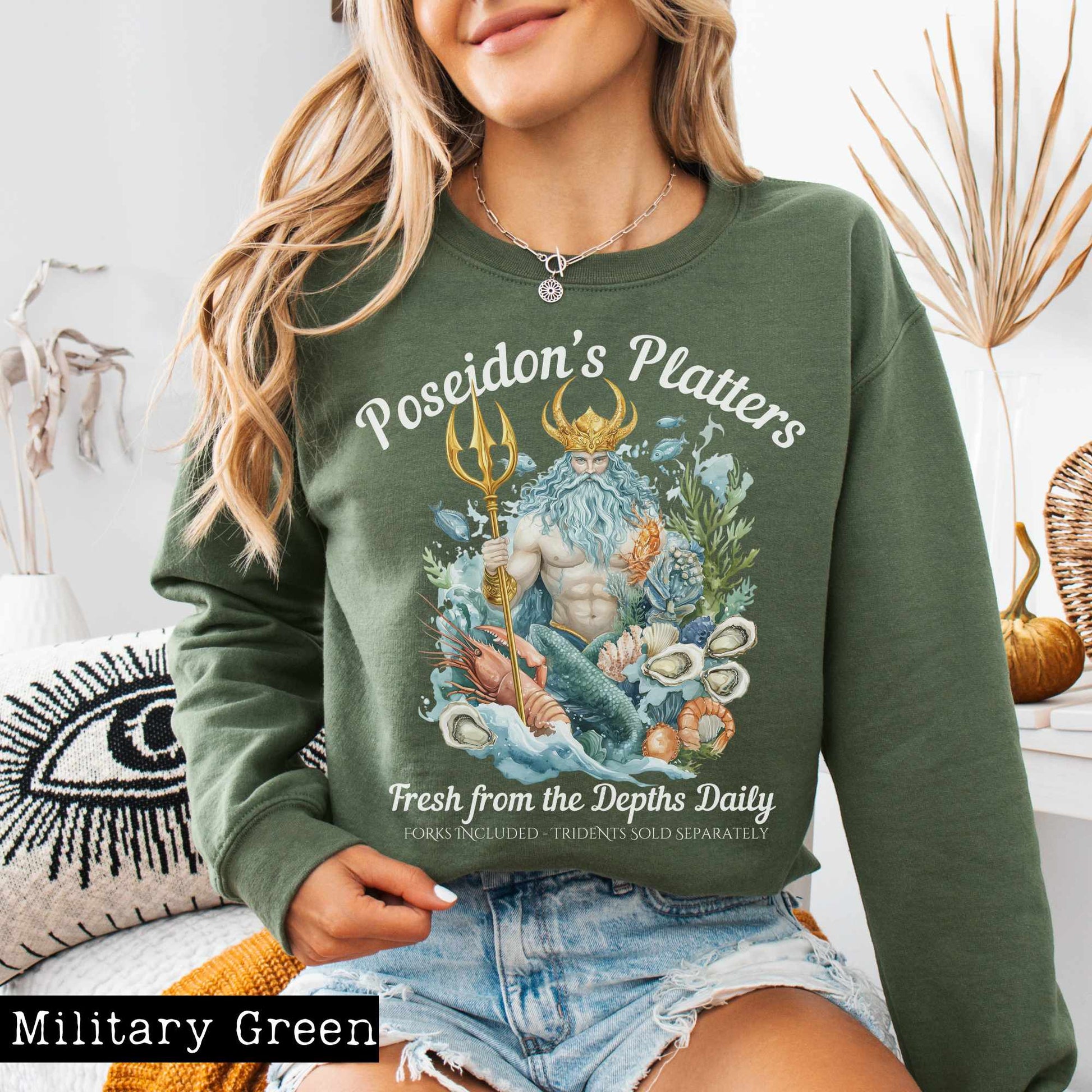 Sweatshirt S / Military Green Poseidon's Platters - Fresh From the Depths Daily Sweatshirt The Mystic Eden