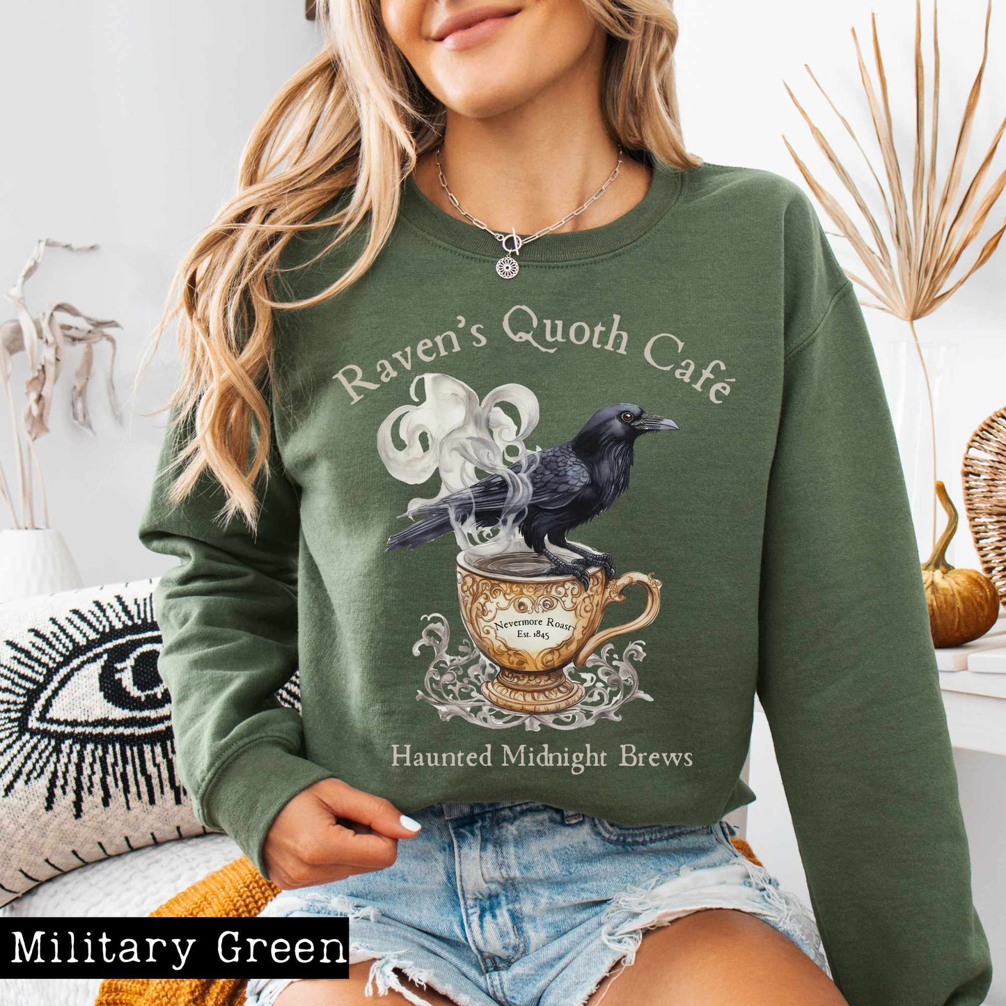 Sweatshirt S / Military Green Raven's Quoth Cafe Edgar Allan Poe Sweatshirt The Mystic Eden